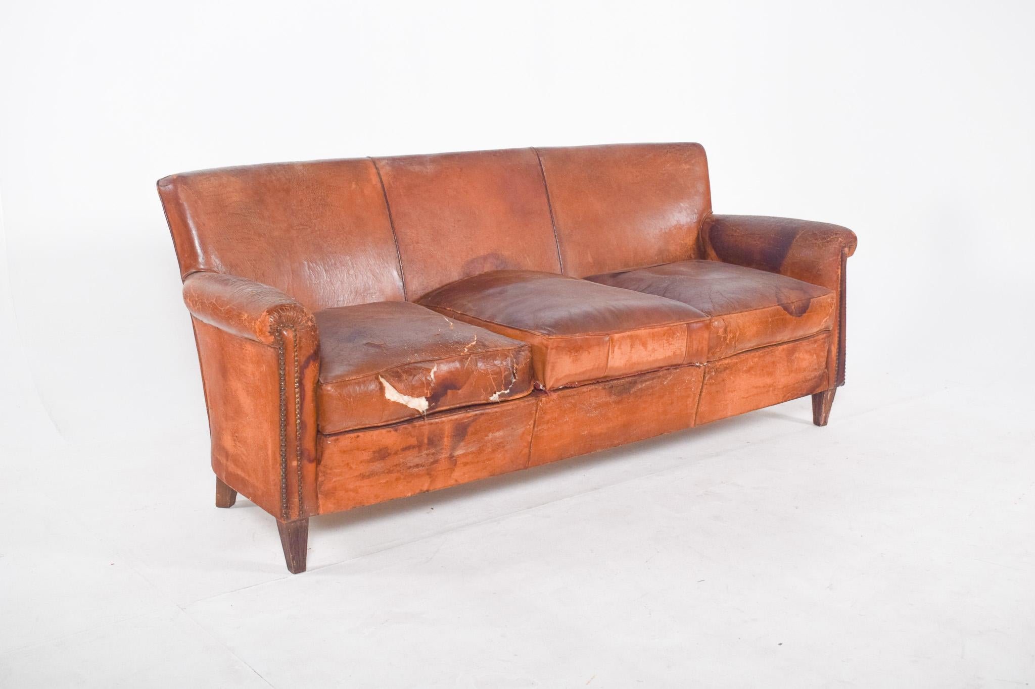 Moderne Portuguese Three-Seater Sofa Brown Leather en vente