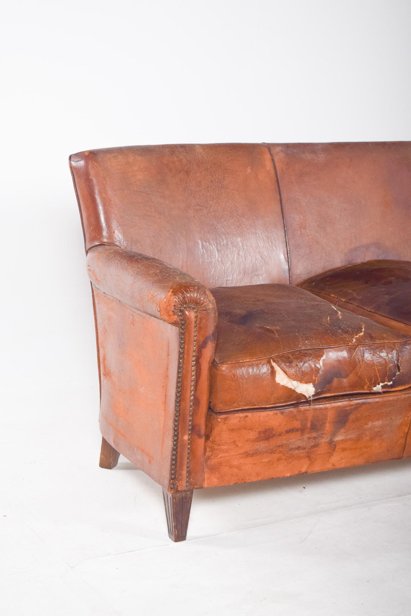 Portugais Portuguese Three-Seater Sofa Brown Leather en vente