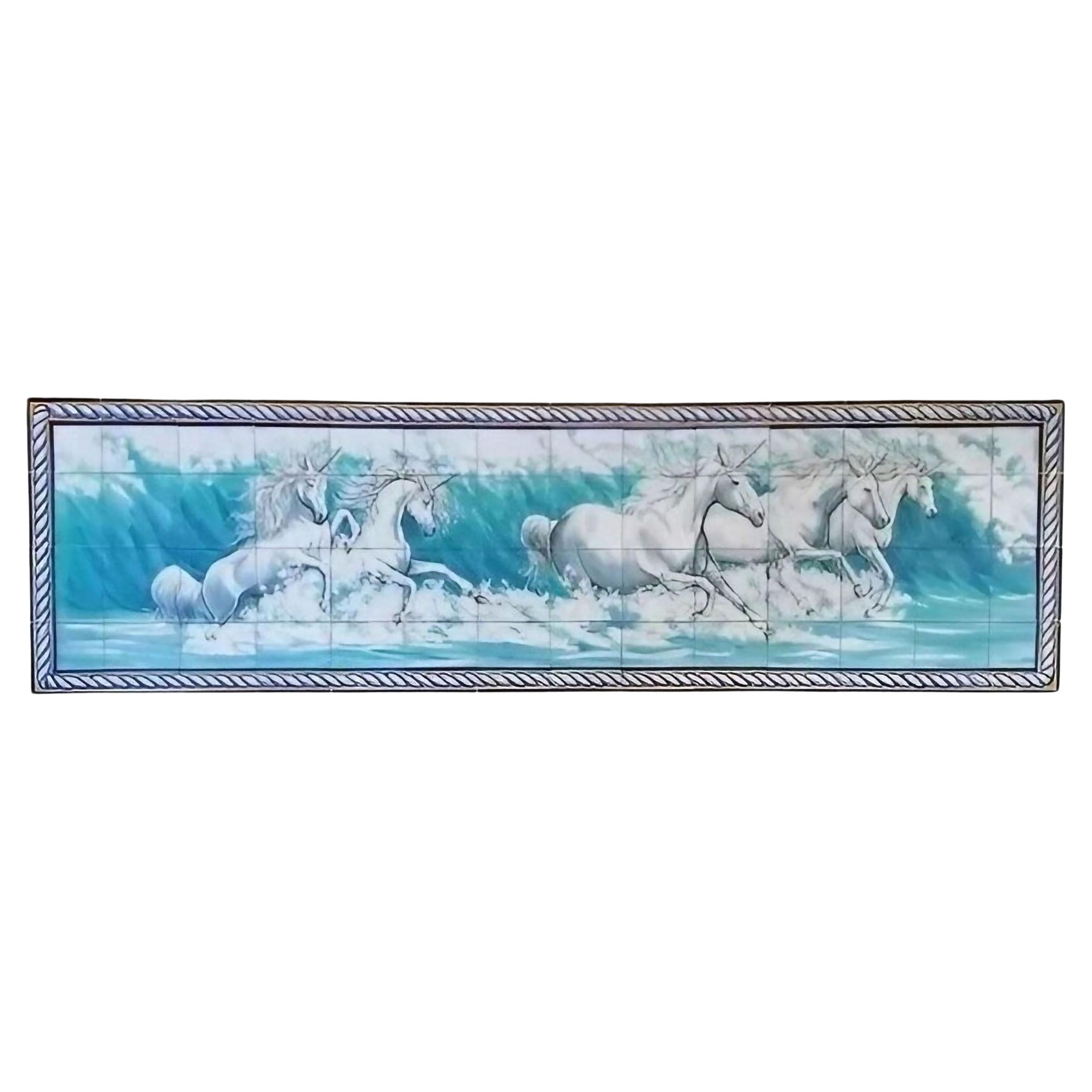 Portuguese Azulejos Tile Mural "Unicorns" Hand Painted & Signed by Artist