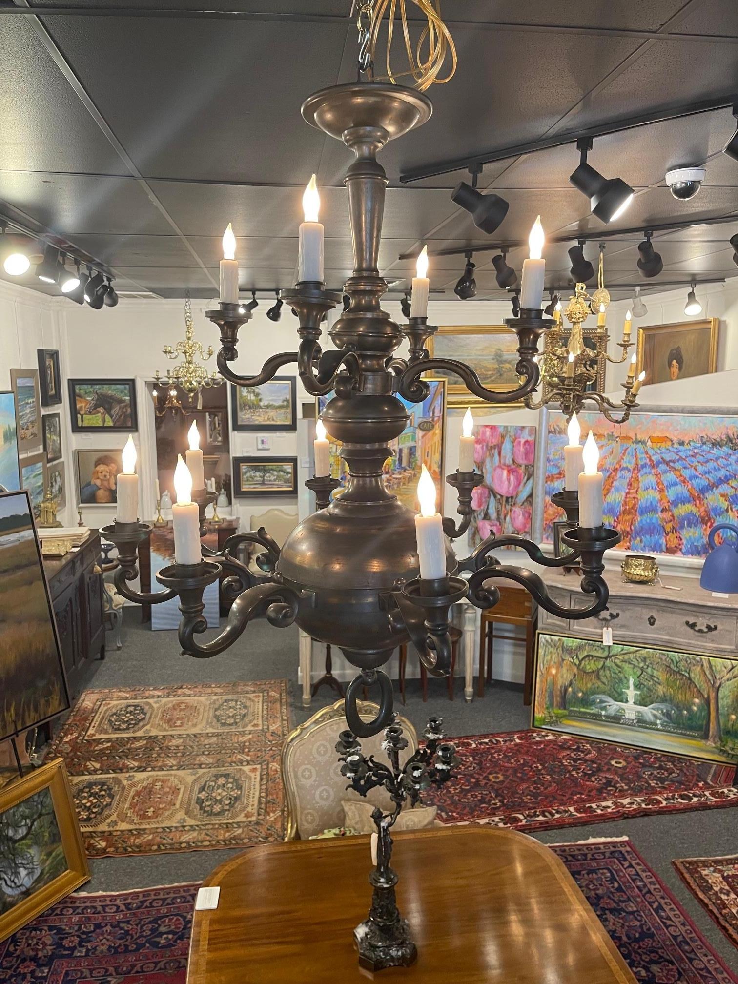 Portuguese TwelveLight Chandelier Antique Bronze Metal, 19th Century