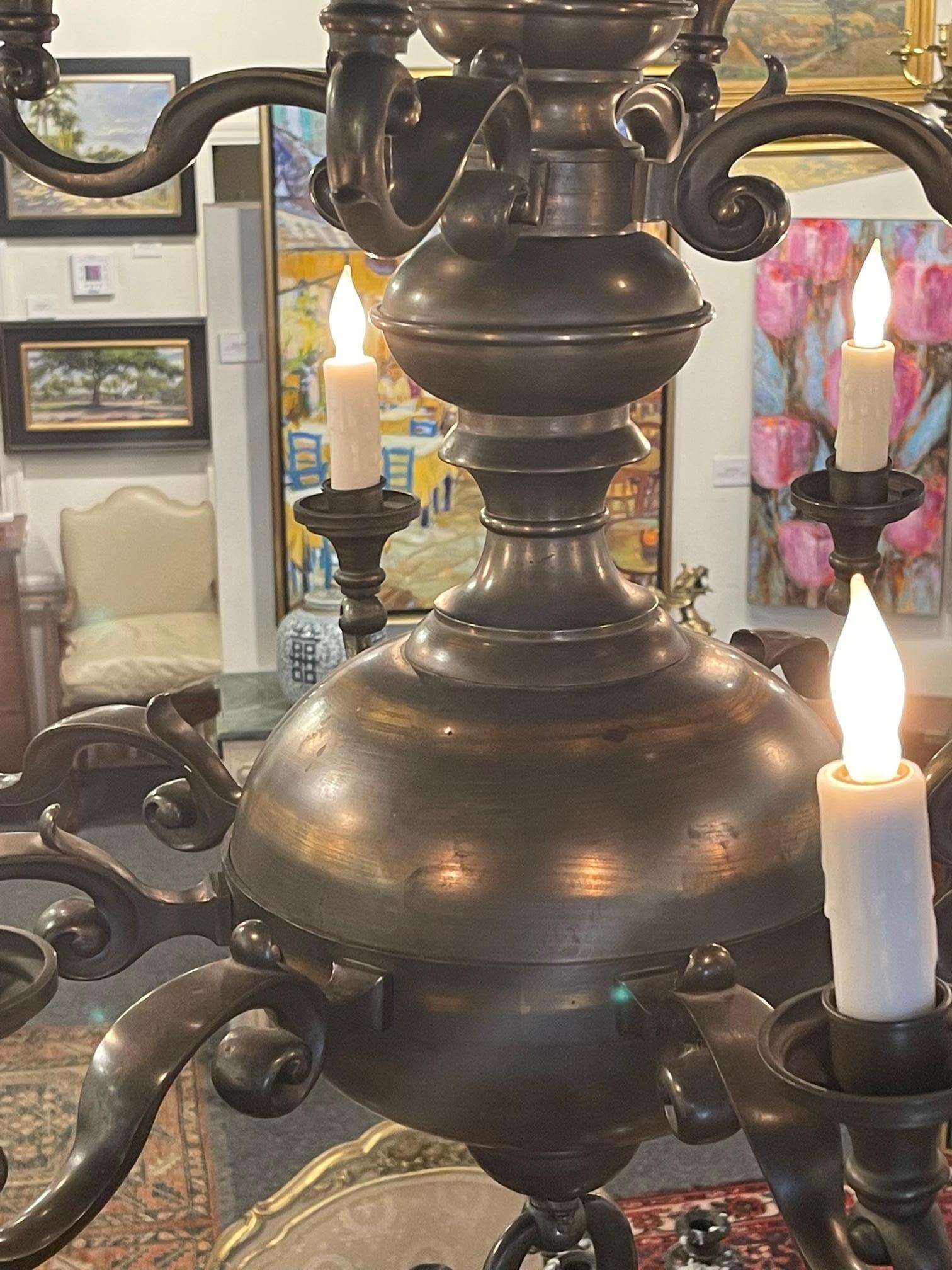 Portuguese TwelveLight Chandelier Antique Bronze Metal, 19th Century