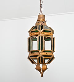 Portuguese Vintage Brass and Glass Pendant Light