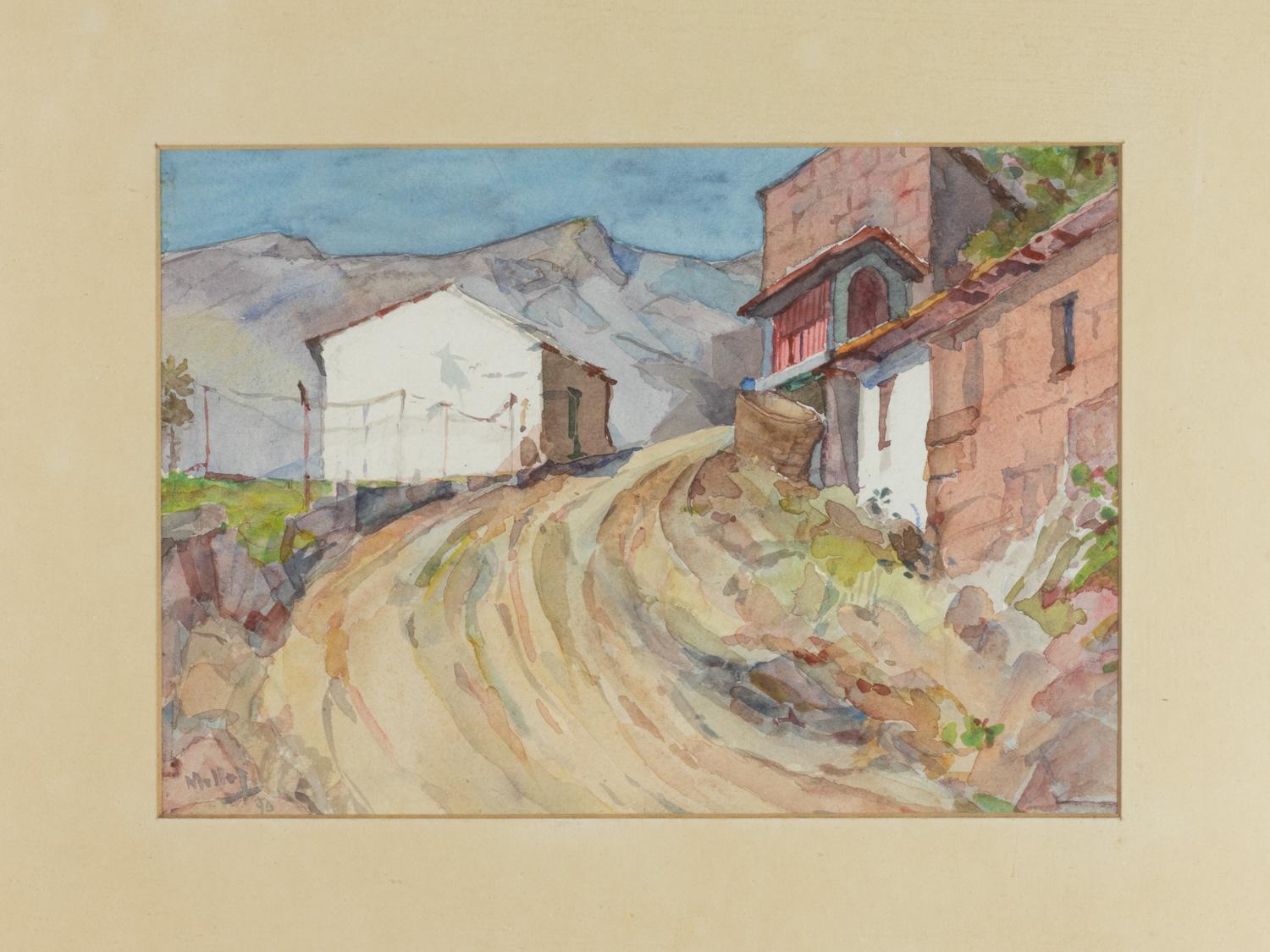 Acquerello portoghese di Mello Jr., Strada di campagna, 1970 In condizioni buone in vendita a Lisbon, PT
