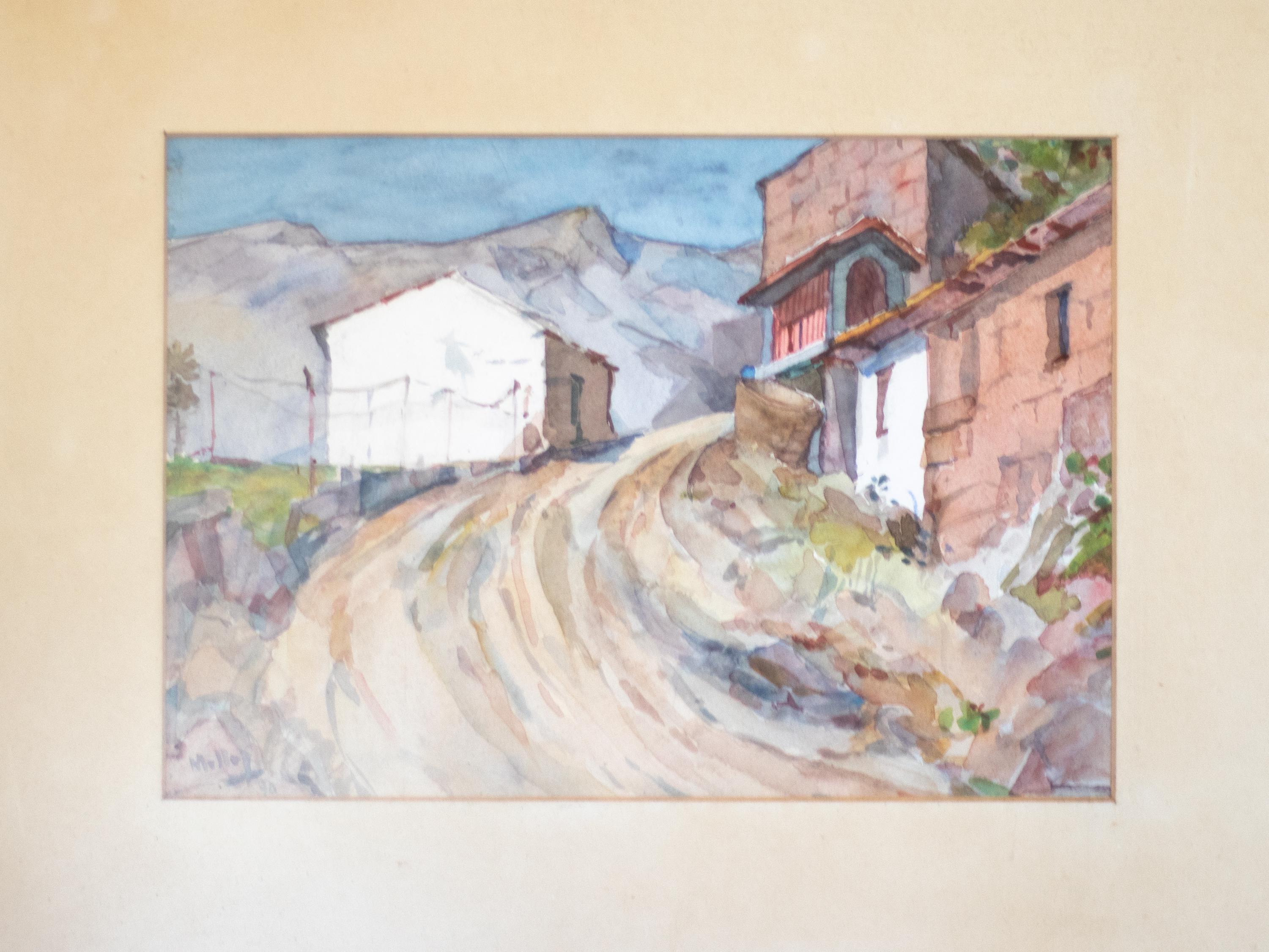 Carta Acquerello portoghese di Mello Jr., Strada di campagna, 1970 in vendita
