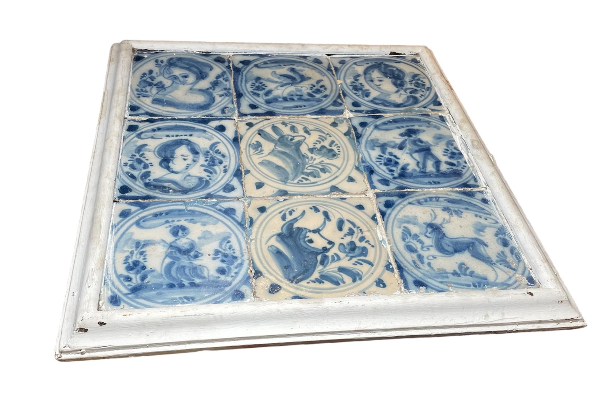 Folk Art Dutch Wood Framed Mural Of “Azulejos” For Sale