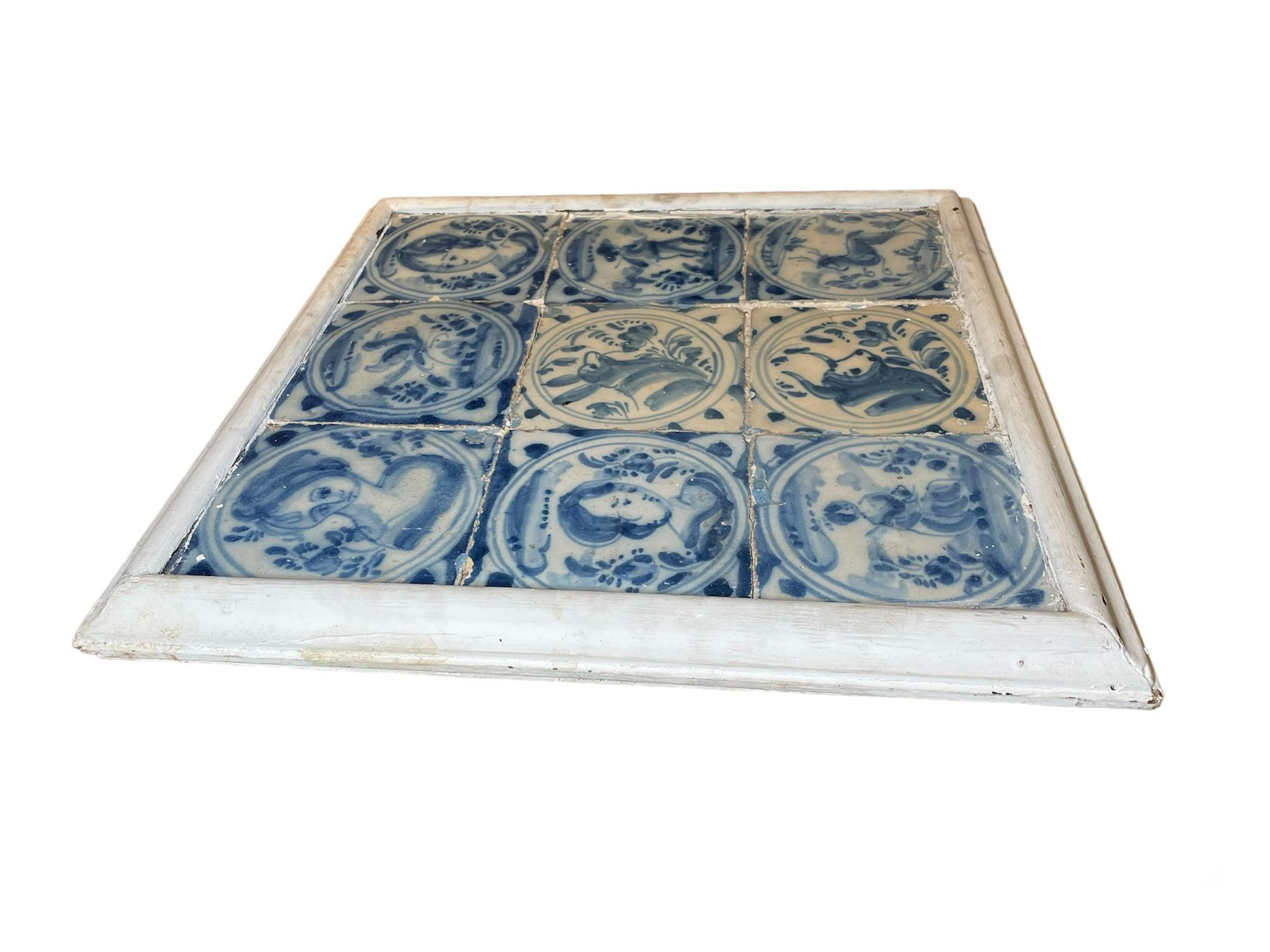 Hand-Crafted Dutch Wood Framed Mural Of “Azulejos” For Sale