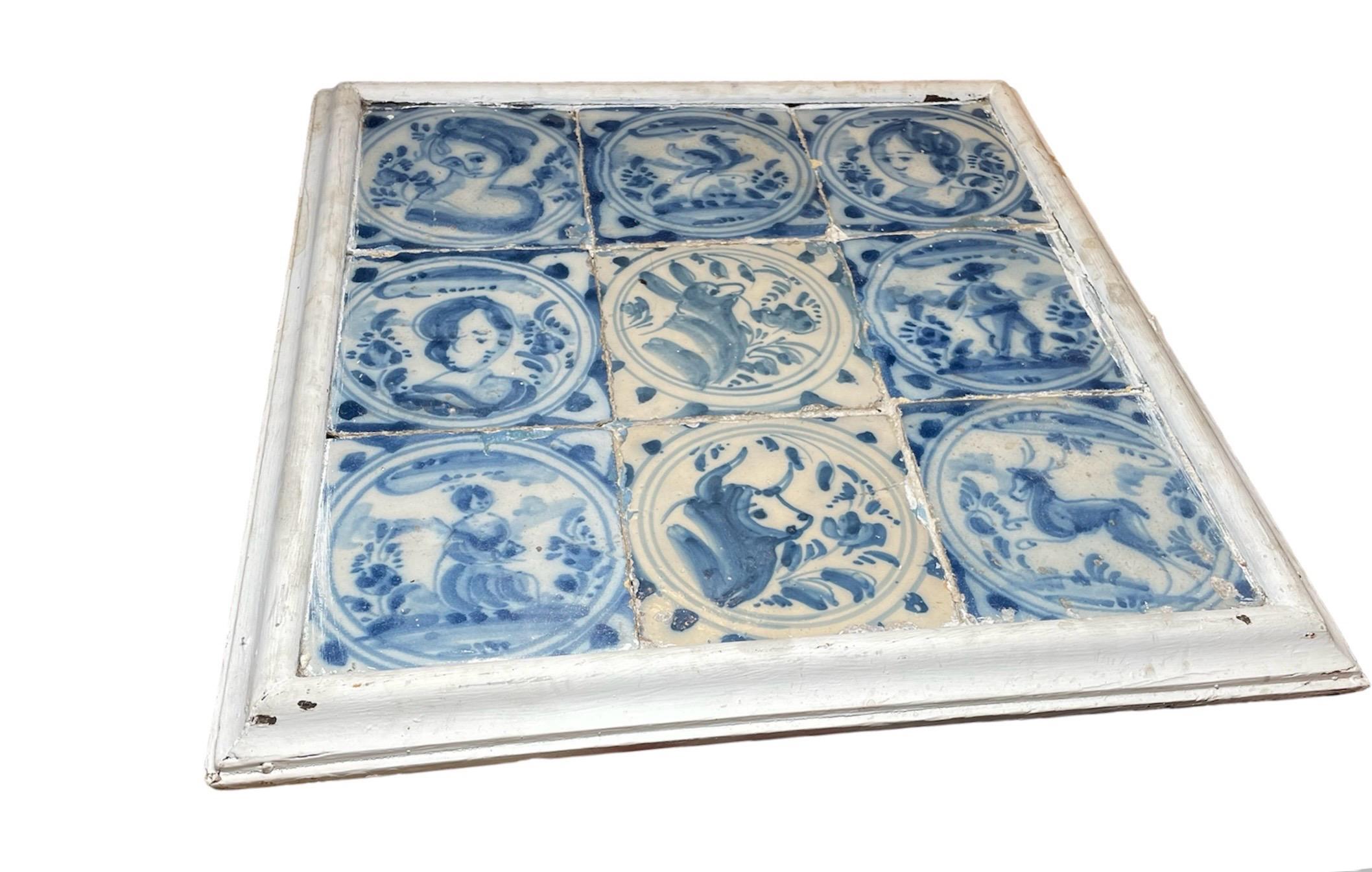 Earthenware Dutch Wood Framed Mural Of “Azulejos” For Sale