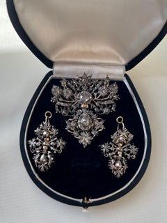 Set Demi-Parure Diamonds Gold Portuguese 1700s Set Earrings and Brooch Pendant