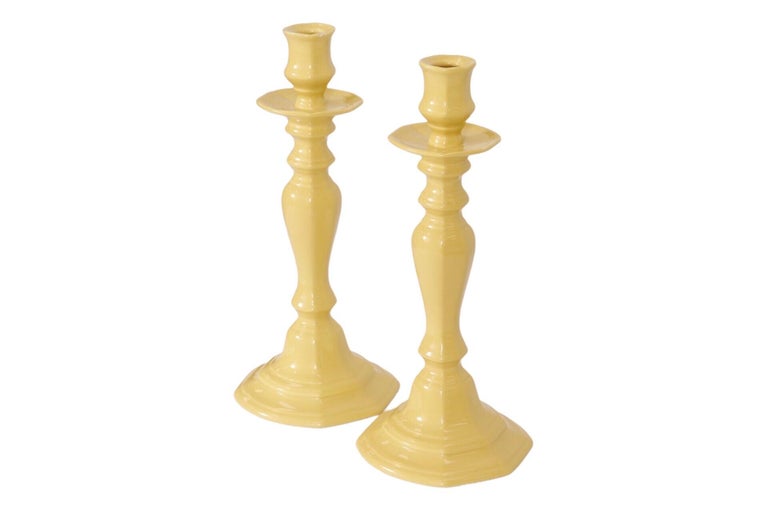 Portuguese Yellow Ceramic Candle Holders, a Pair For Sale at 1stDibs