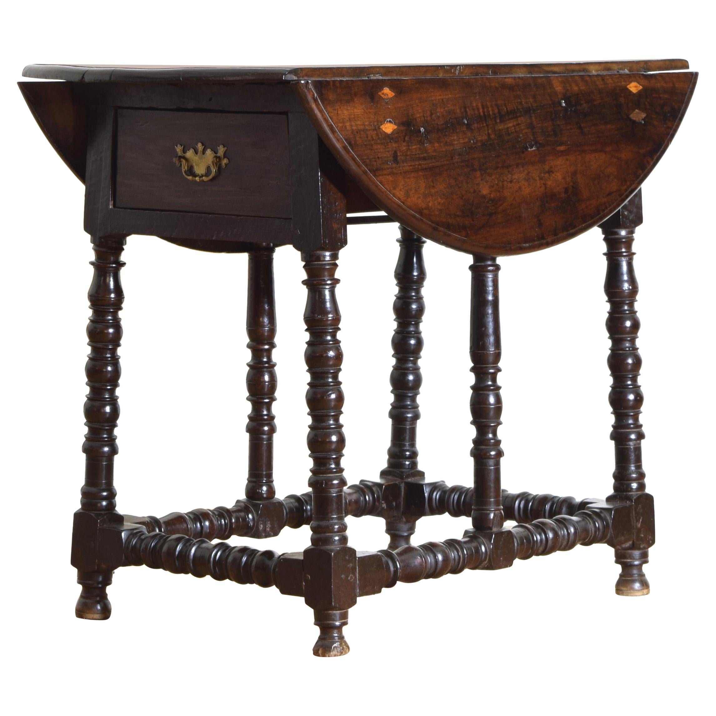 Portuguese Late Baroque Walnut and Inlaid 1-Drawer Drop-leaf Table