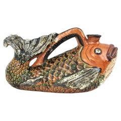Portuguese Oversized Glazed Ceramic Gurgle Fish Jug Pitcher, 1950s
