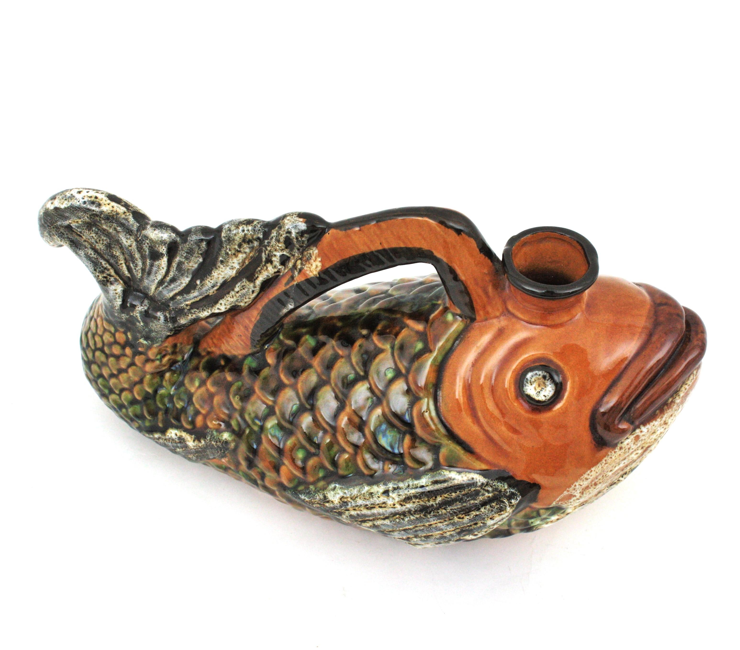 Majolica Portuguese Oversized Glazed Ceramic Gurgle Fish Jug Pitcher, 1950s For Sale