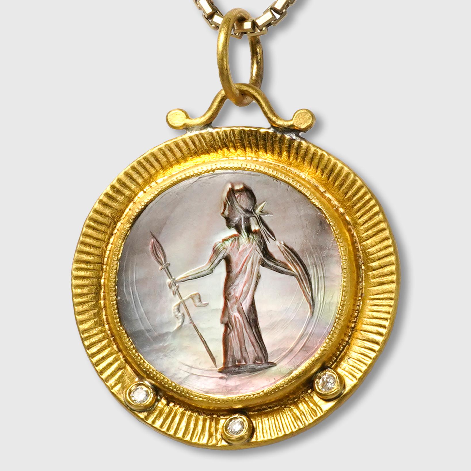 Ancient Roman Intaglio Pendant, Poseidon - 24kt Yellow Gold, Mother of Pearl with 0.03ct Diamonds & Silver

Ancient Roman Intaglio Pendant - 24kt Yellow Gold, Mother of Pearl with 0.03ct Diamonds & Silver, back side is plain sterling silver