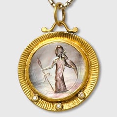 Poseidon Ancient Roman Intaglio Pendant 24K Gold Mother of Pearl 0.03ct Diamonds