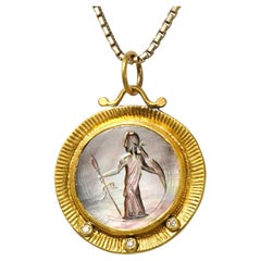 Poseidon Ancient Roman Intaglio Pendant 24K Gold Mother of Pearl 0.03ct Diamonds
