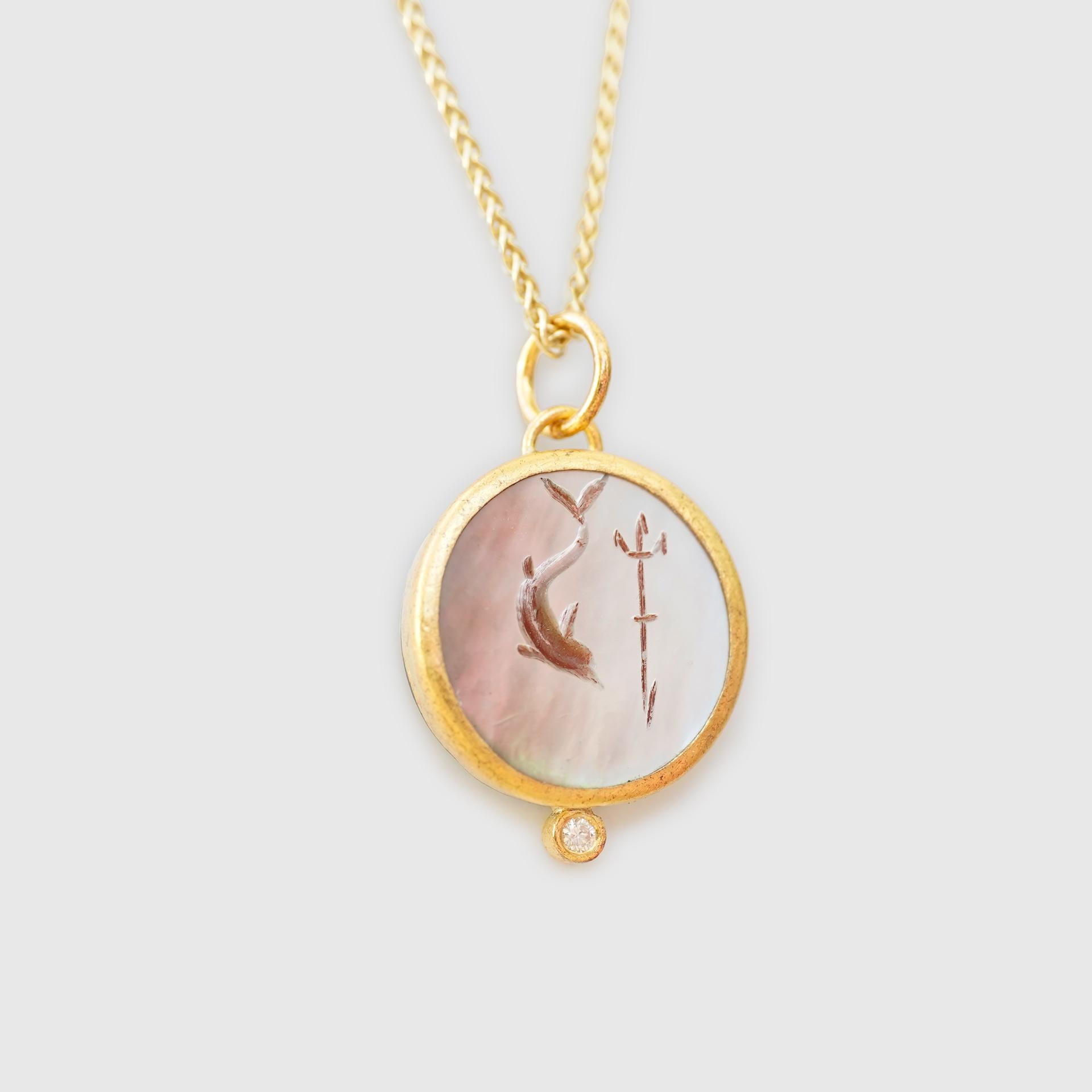 Poseidon, Arrow & Dolphin Intaglio Charm Pendant Necklace - 24kt Yellow Gold, Carved Mother of Pearl with Diamond & Silver

Comes with 16
