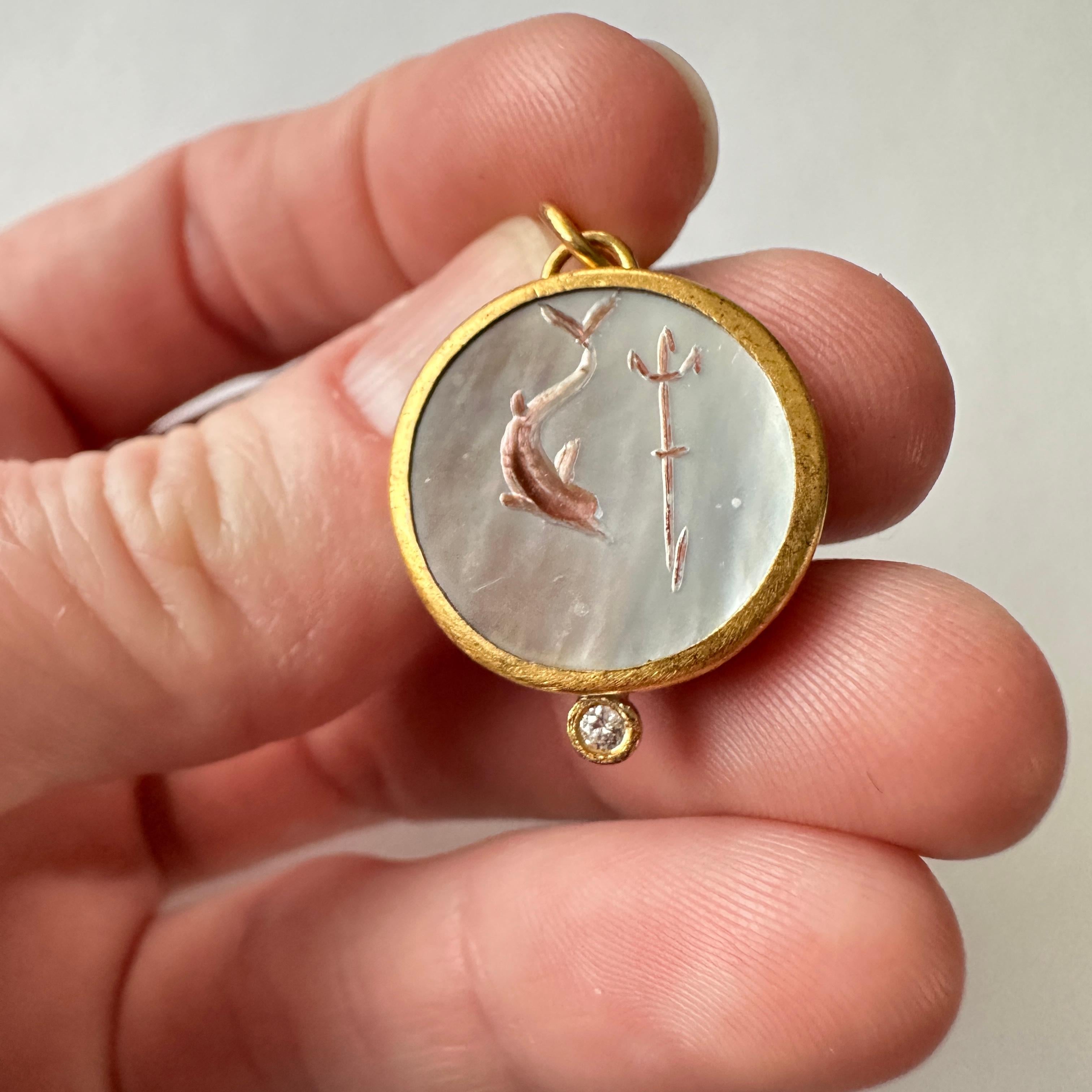 Contemporary Poseidon, Arrow & Dolphin Intaglio Charm 24kt Gold, Carved 6.4ct Mother of Pearl For Sale