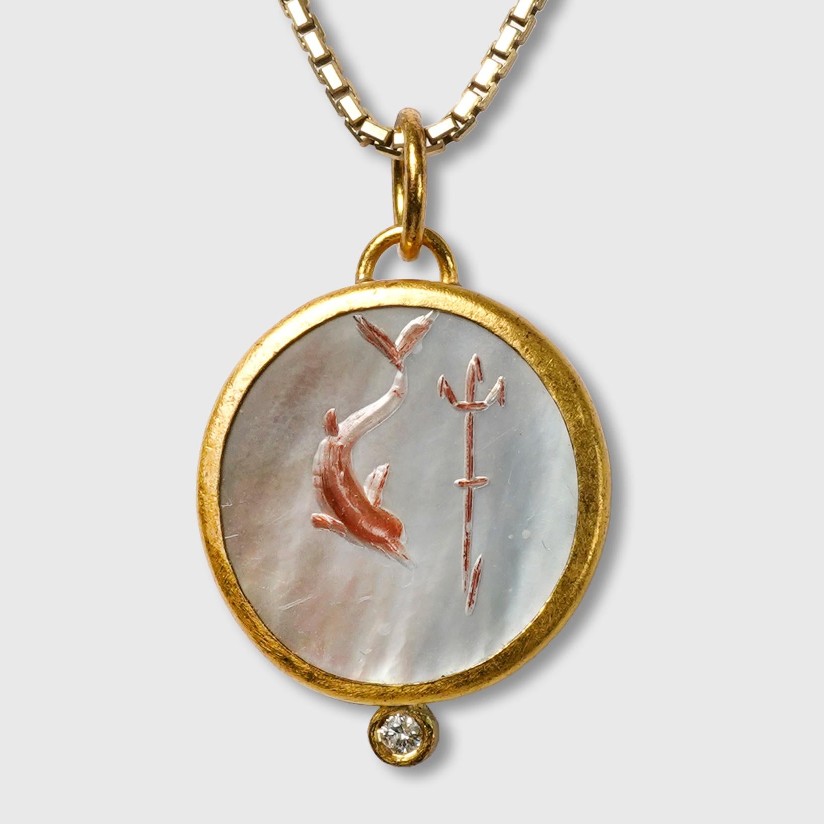 Poseidon, Arrow & Dolphin Intaglio Charm 24kt Gold, Carved 6.4ct Mother of Pearl For Sale 1