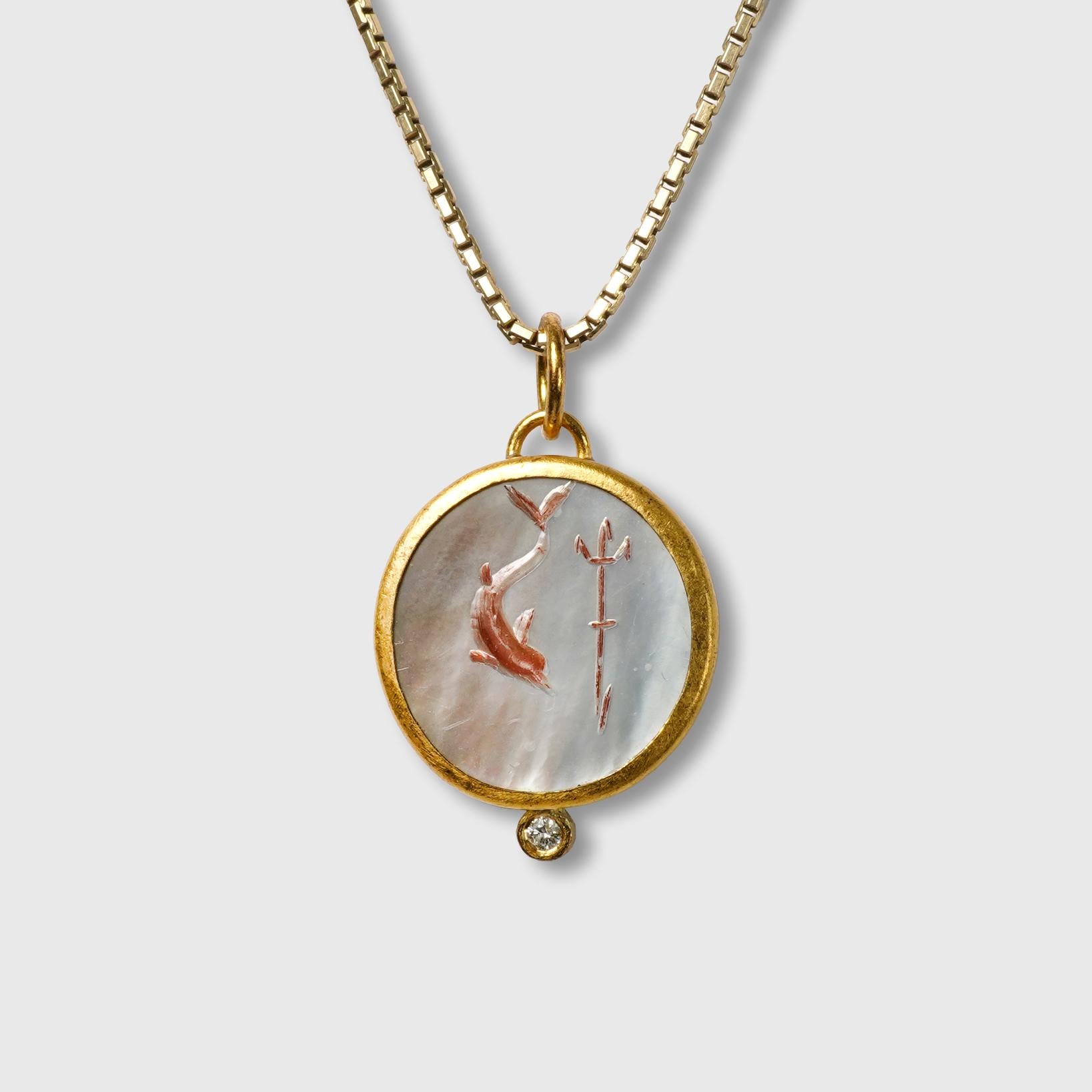 Poseidon, Arrow & Dolphin Intaglio Charm 24kt Gold, Carved 6.4ct Mother of Pearl For Sale 2