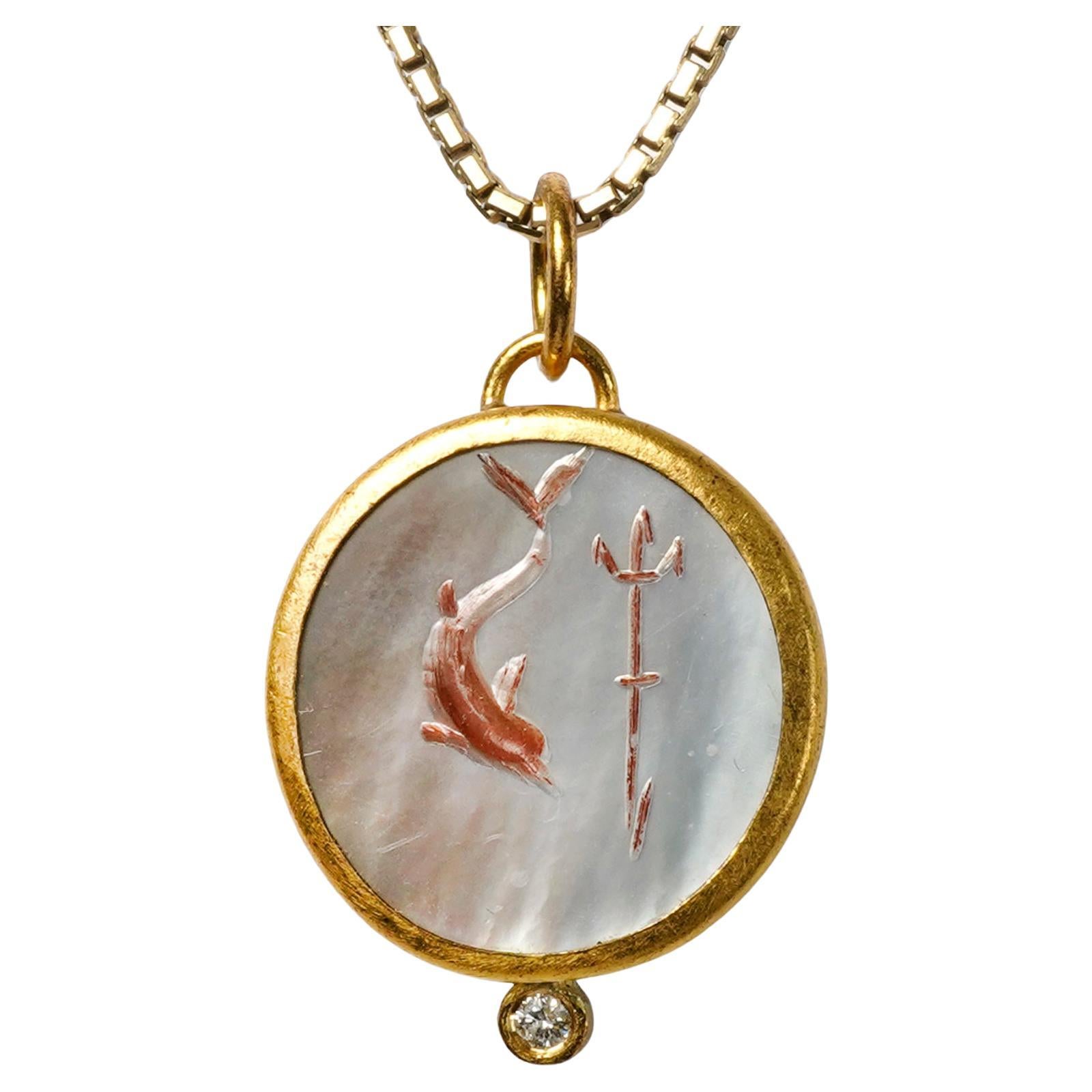 Poseidon, Arrow & Dolphin Intaglio Charm 24kt Gold, Carved 6.4ct Mother of Pearl For Sale