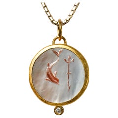 Poseidon, Arrow & Dolphin Intaglio Charm 24kt Gold, Carved 6.4ct Mother of Pearl