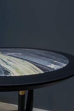 Poseidon Black Side Table in Matt Black Lacquered Finish and Blue Marble Top
