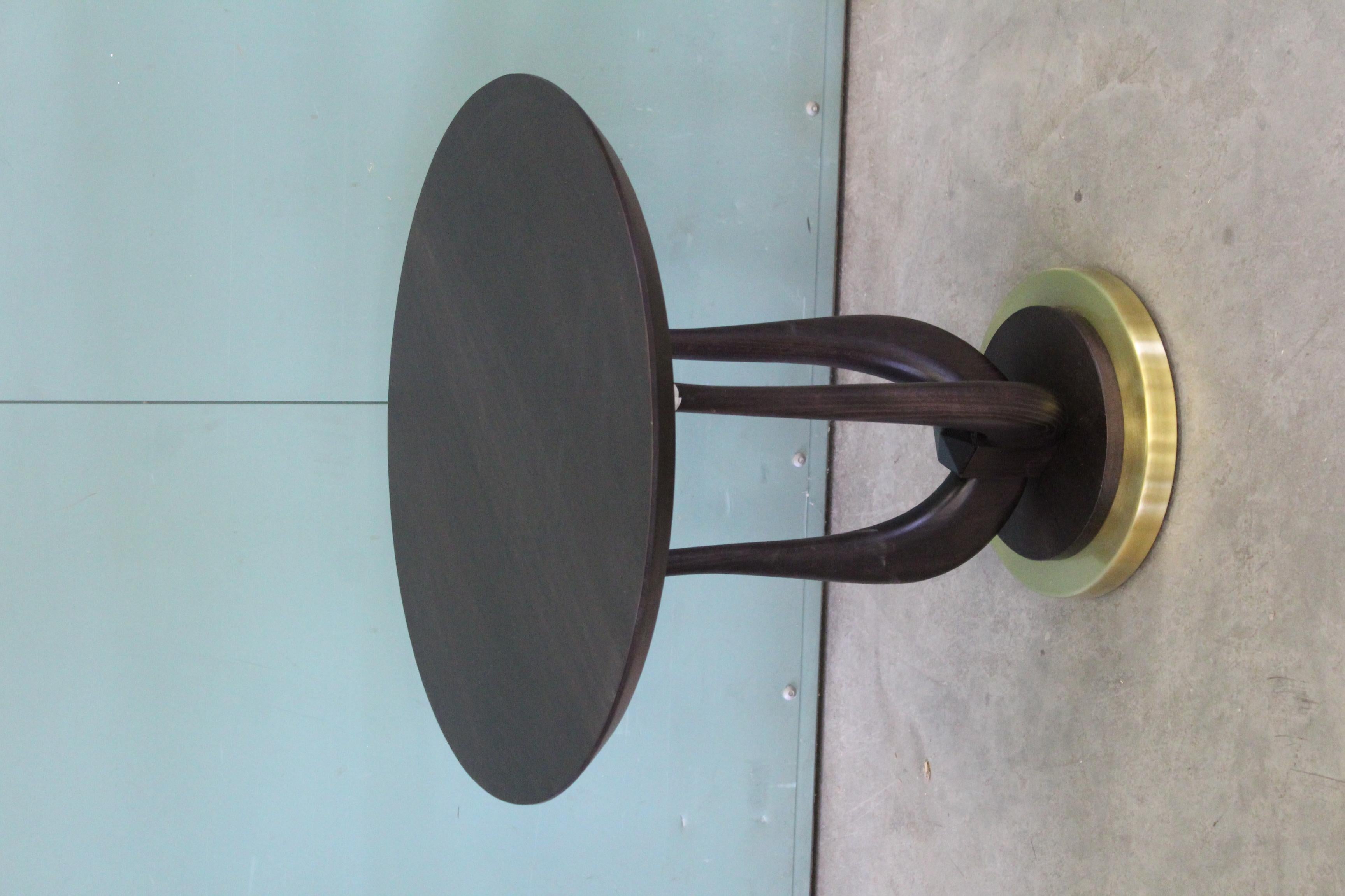 Italian POSEIDON Brown Round Side Table with Wooden Top and Satin Brass Tips  For Sale