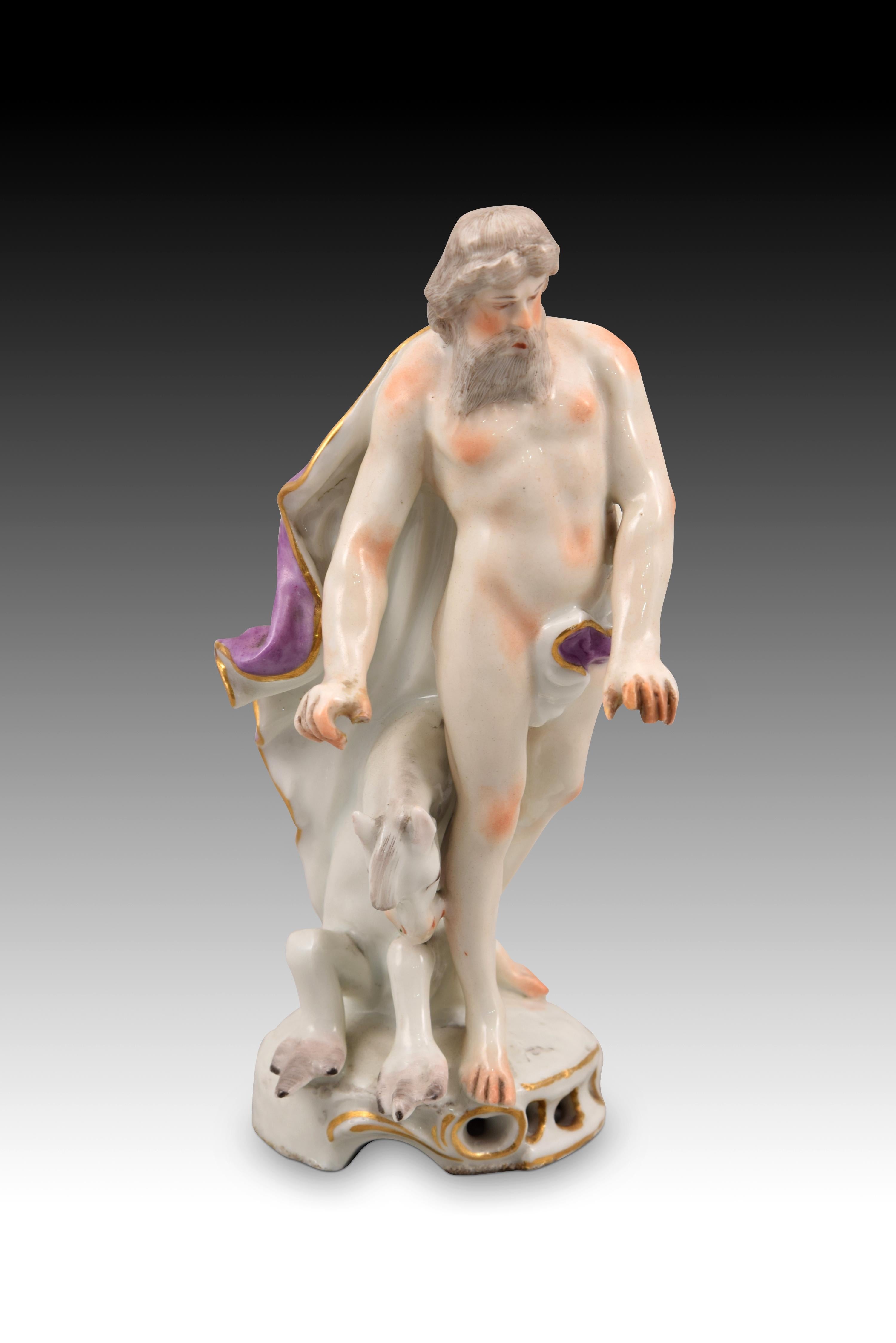 Poseidon or Neptune with hippocampus. Glazed porcelain. Europe, 19th century. 
Enamelled porcelain figurine with a circular base, decorated with openwork elements and rococo-inspired motifs enhanced with golden touches, which presents a semi-nude,