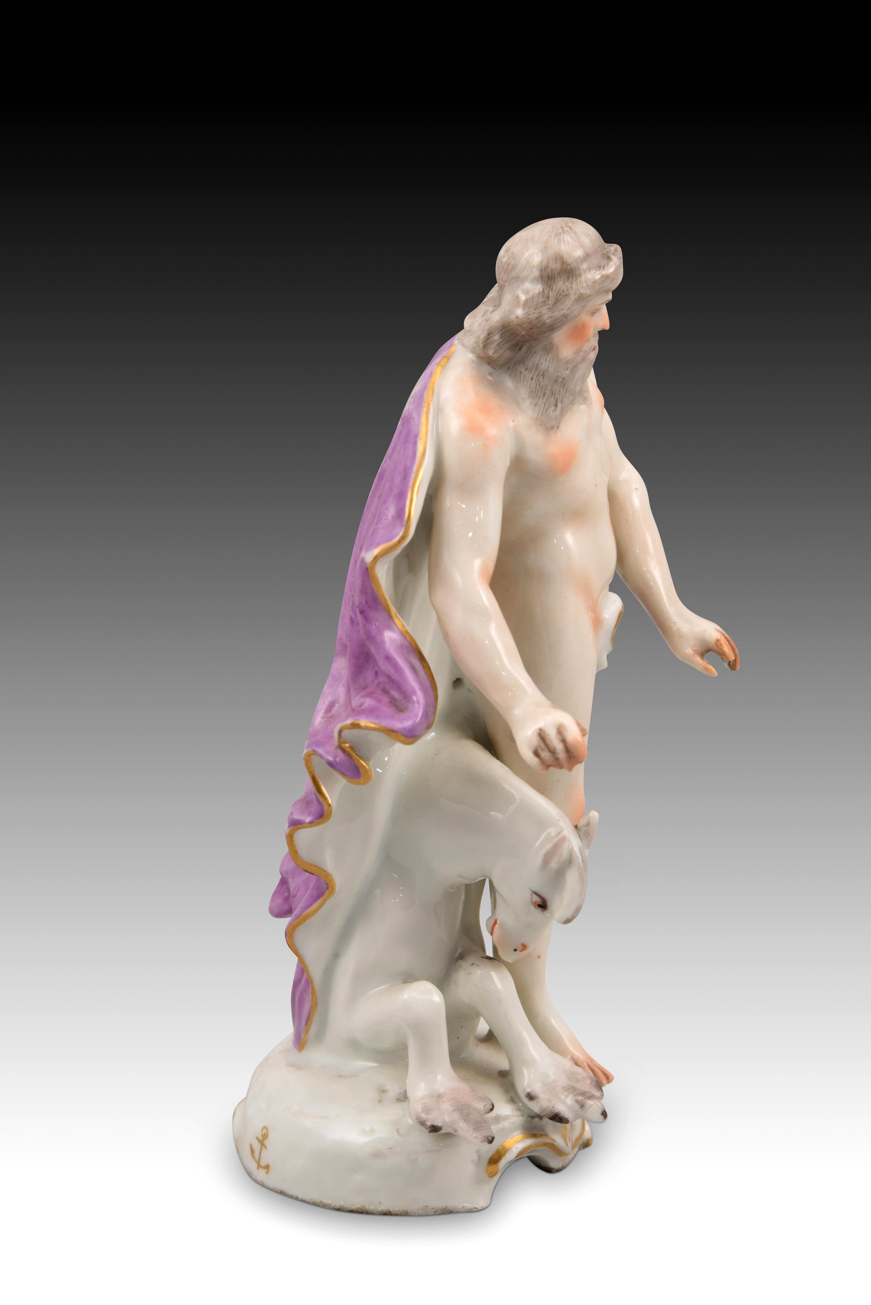 Néo-classique Poseidon ou Neptune avec hippocampus. Porcelaine émaillée. Europe, XIXe siècle.  en vente