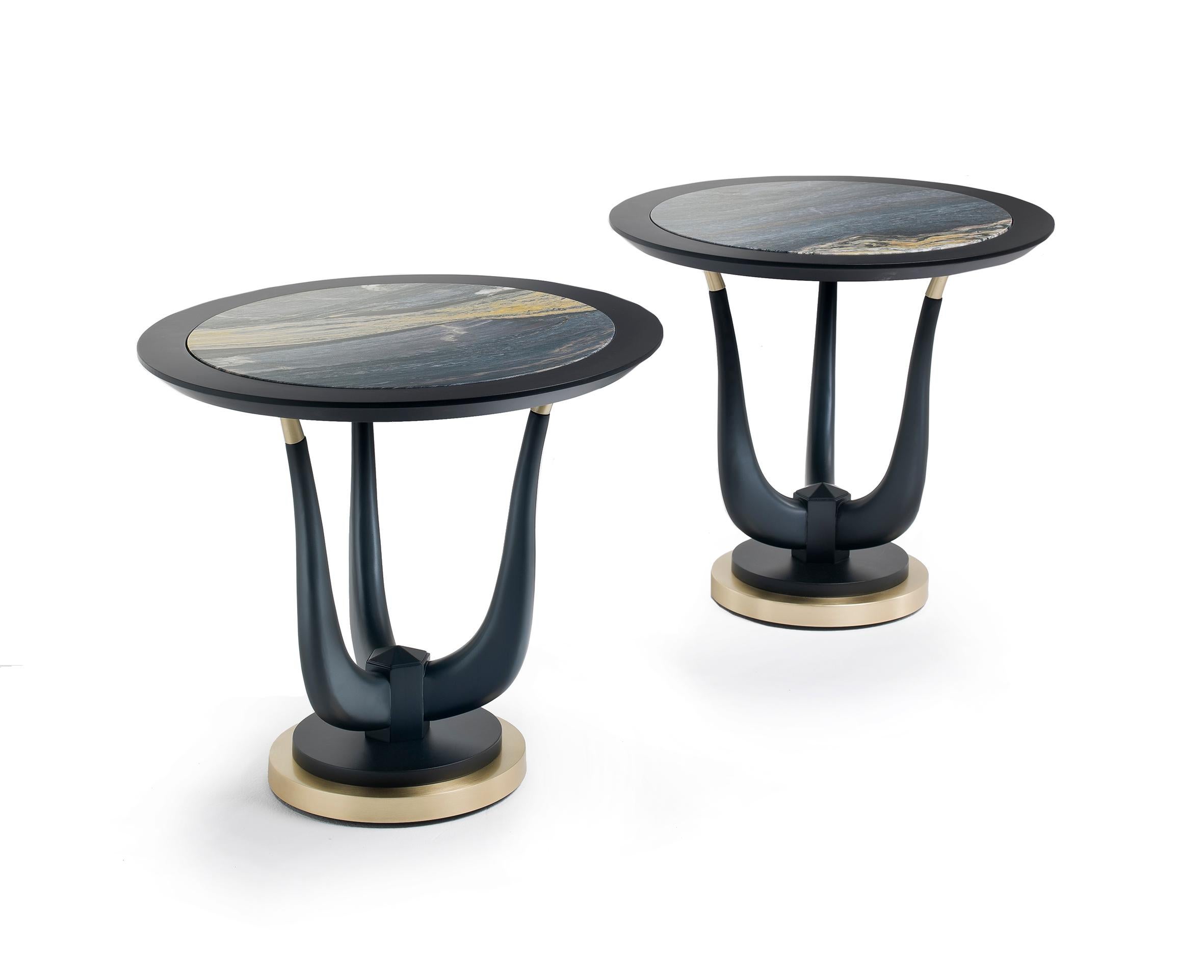 Modern Poseidon Black Side Table in Matt Black Lacquered Finish and Blue Marble Top For Sale