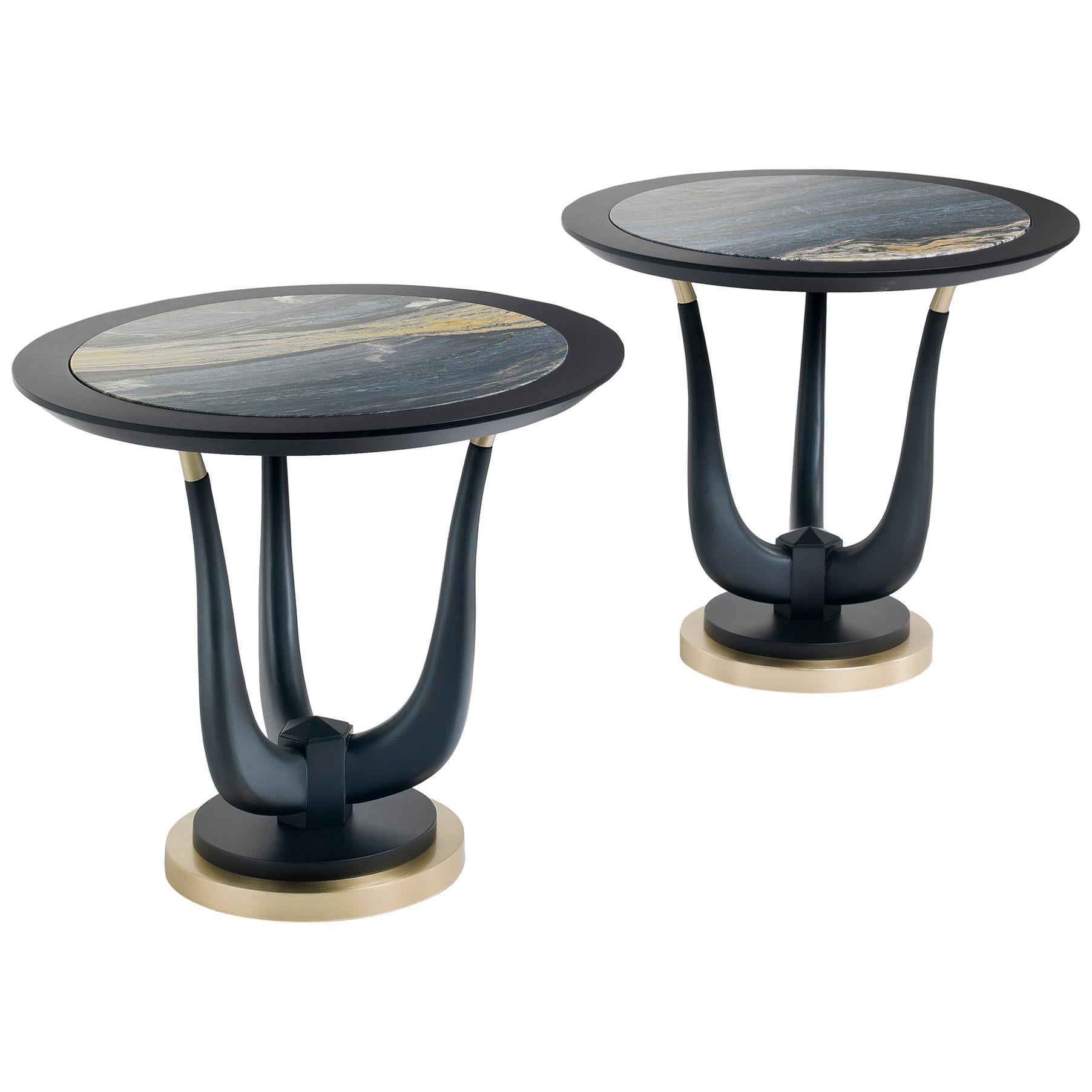 Poseidon Black Side Table in Matt Black Lacquered Finish and Blue Marble Top For Sale