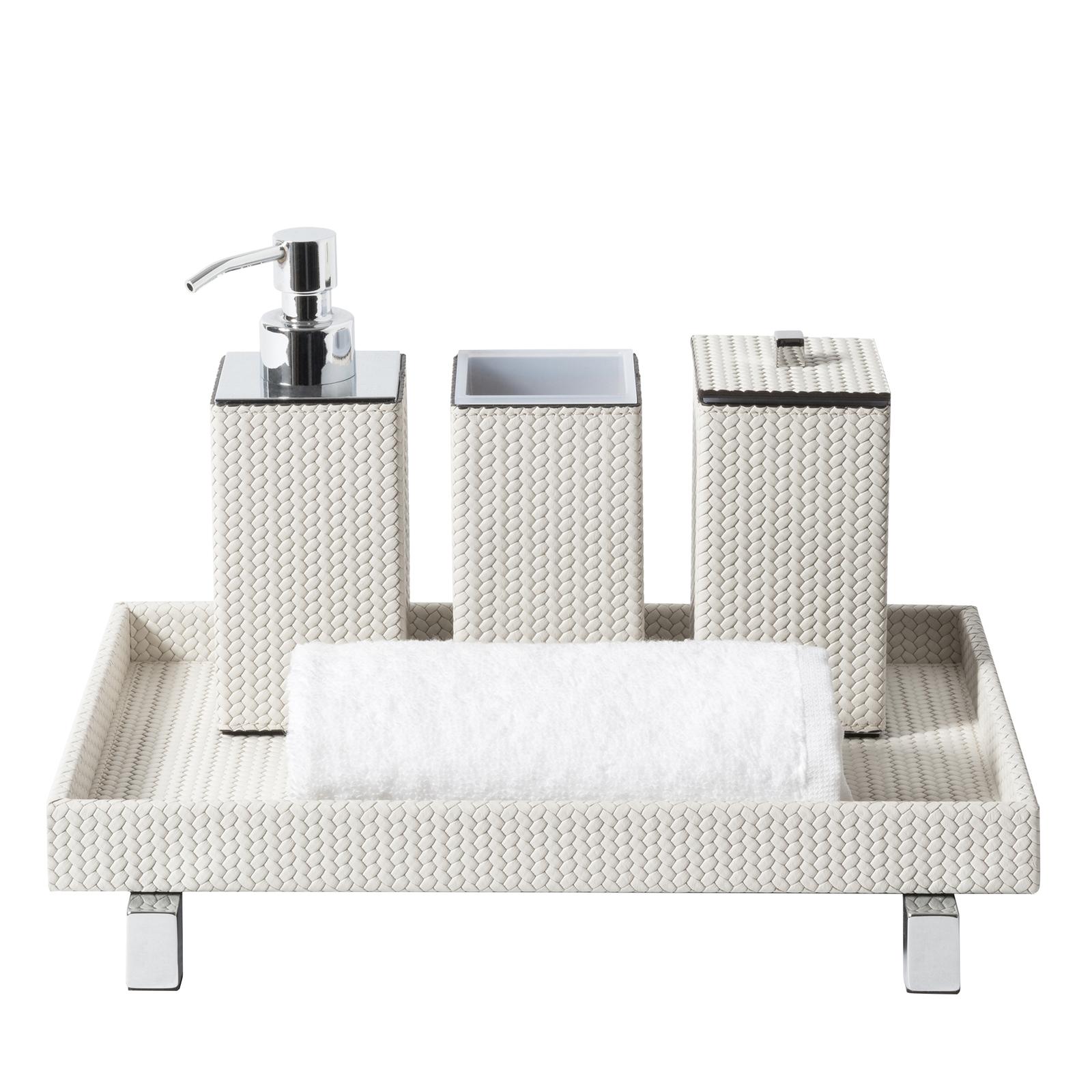 This exquisite bathroom set is an elegant addition to a contemporary bathroom or powder room, where it will provide a precious collection of items with a cohesive and sophisticated look. All covered in white leather enlivened by a striking texture,