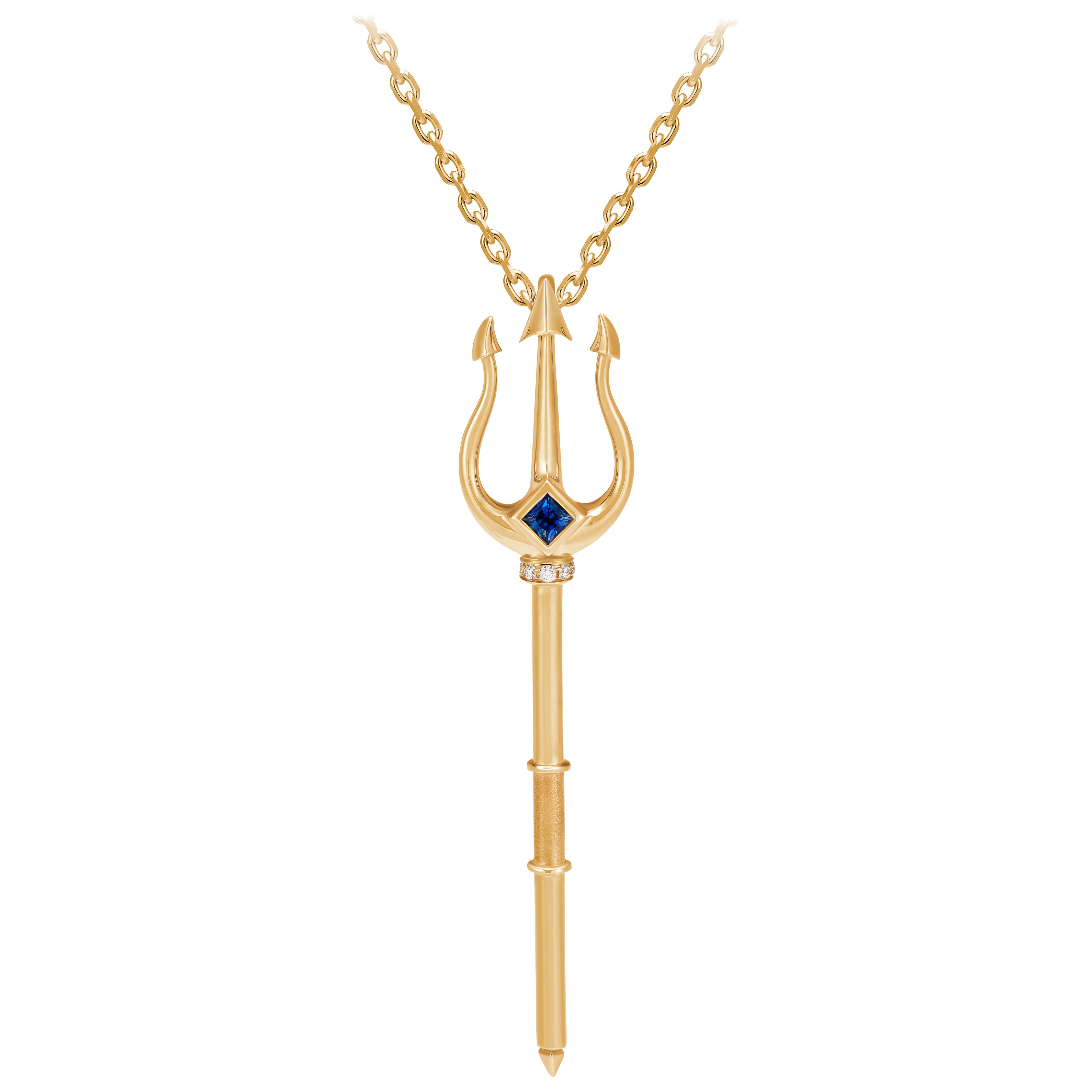 Anhänger mit Dreizack von Poseidon, 18 Karat Gelbgold, Saphir und Diamanten im Angebot