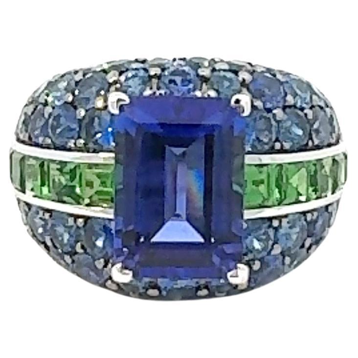 Posh Blue Sapphire Tanzanite 18K White Gold Ring For Her For Sale