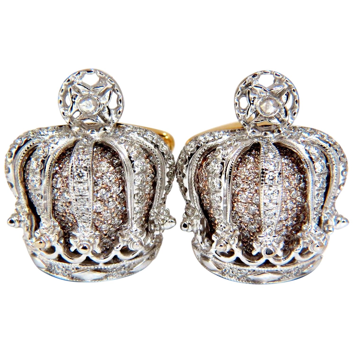 Posh Britt 3D Royal Crown 6.00 Carat Diamonds Cufflinks 18 Karat Kingship For Sale