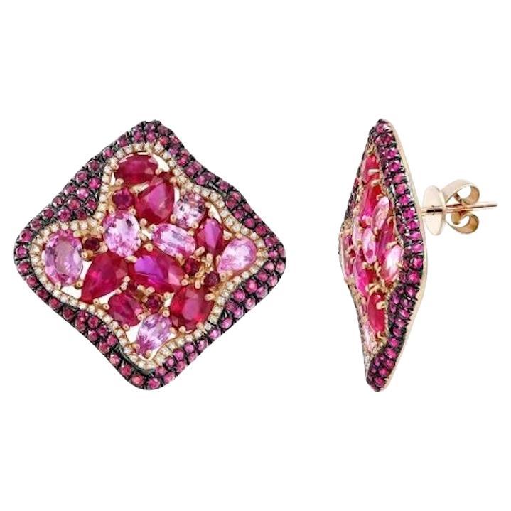 Pendiente Elegante Zafiro Rosa Rubí Diamante Oro Amarillo Para Ella