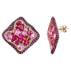 Posh Pink Sapphire Ruby Diamond Earring Yellow Gold For Her