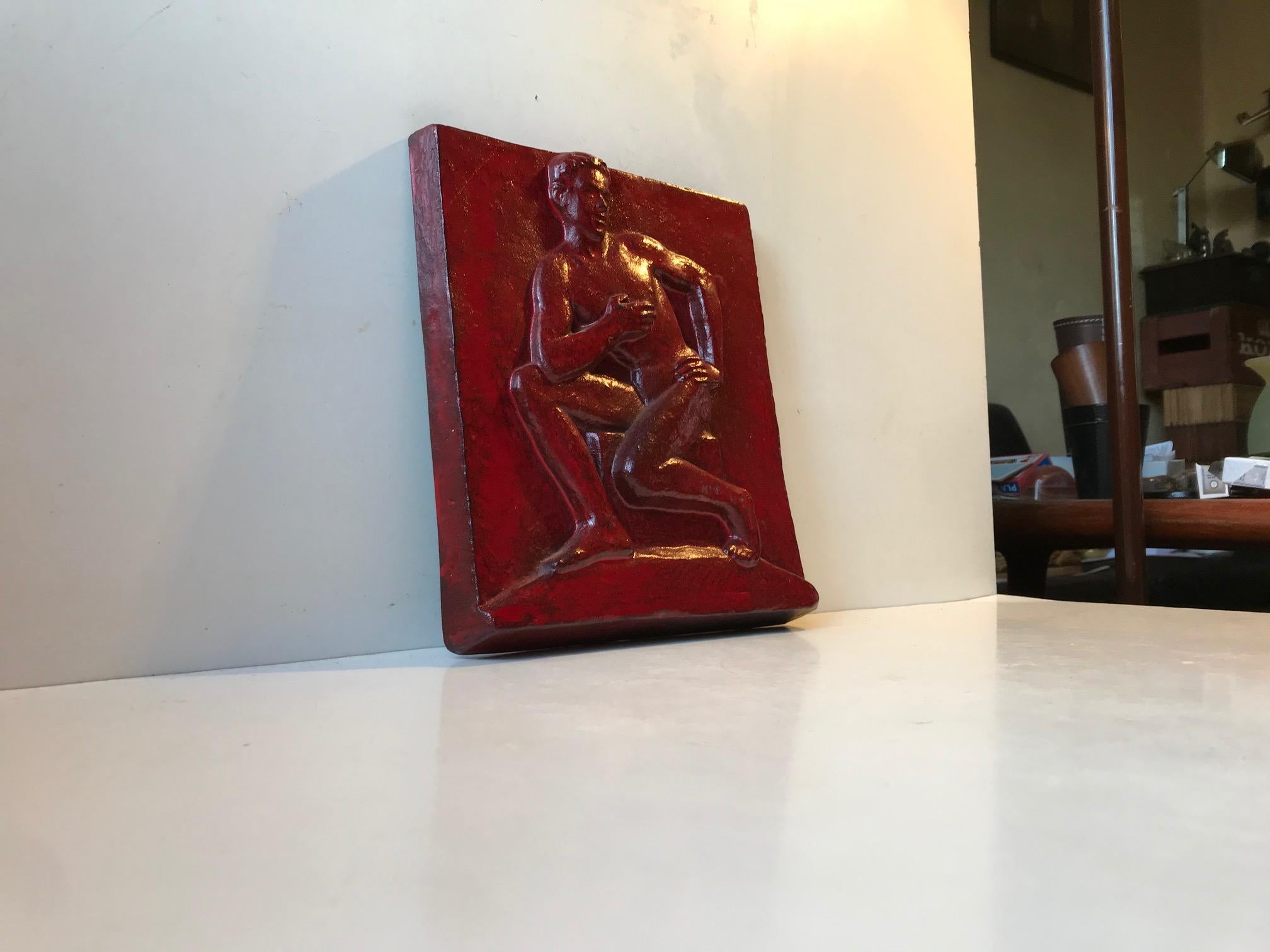 Posing Naked Man Cast Iron Relief Wall Plaque by J. Gudmundsen-Holmgreen, 1956 In Good Condition For Sale In Esbjerg, DK