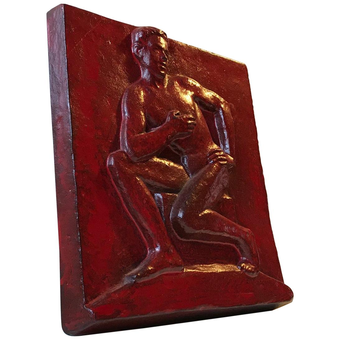 Posing Naked Man Cast Iron Relief Wall Plaque by J. Gudmundsen-Holmgreen, 1956 For Sale