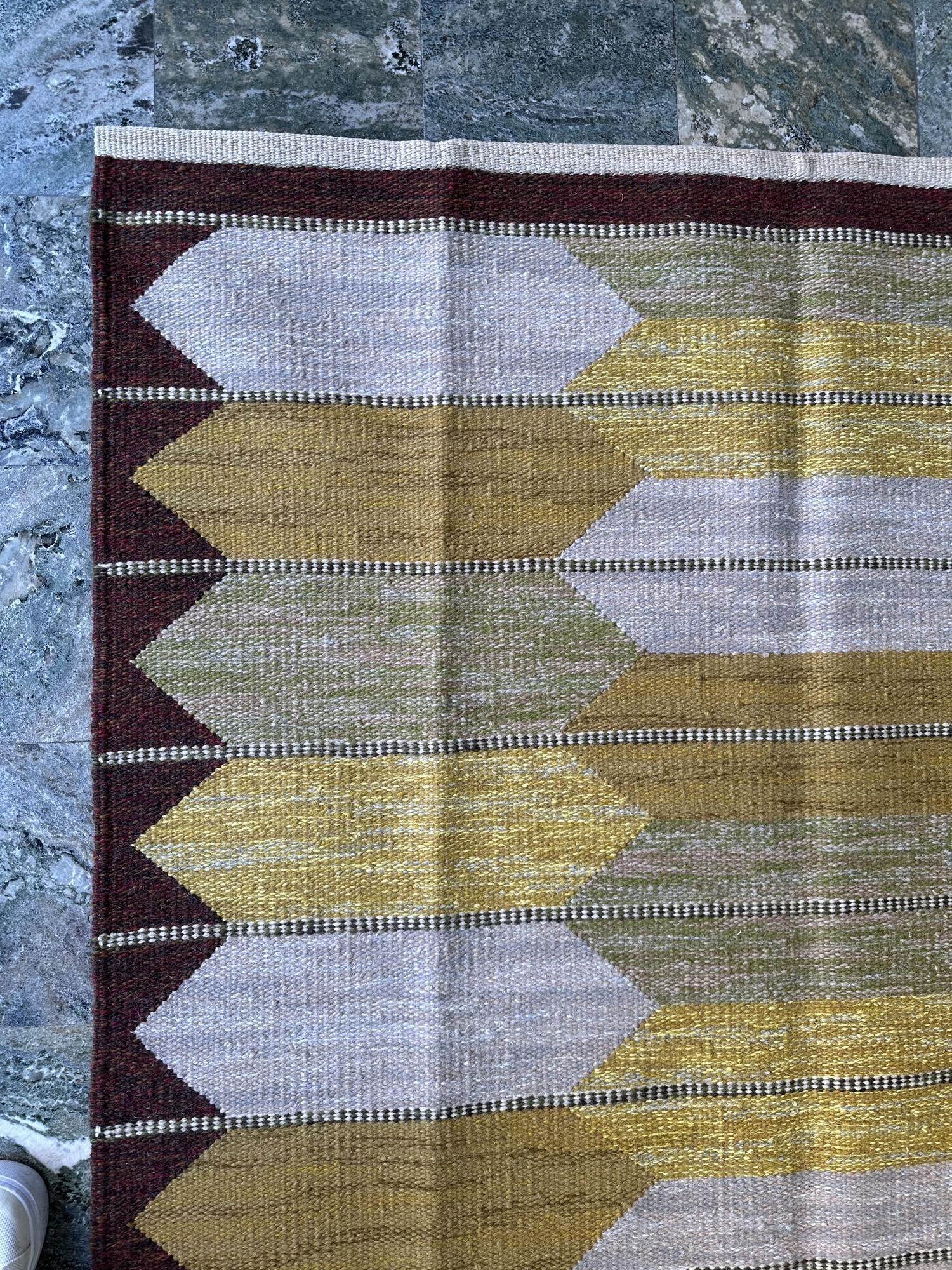 This striking vintage Scandinavian flatweave carpet is possibly attributed to Swedish designer Berit König, known for her refined use of color and geometric balance. Although unsigned, the piece clearly reflects the tradition of mid-20th century