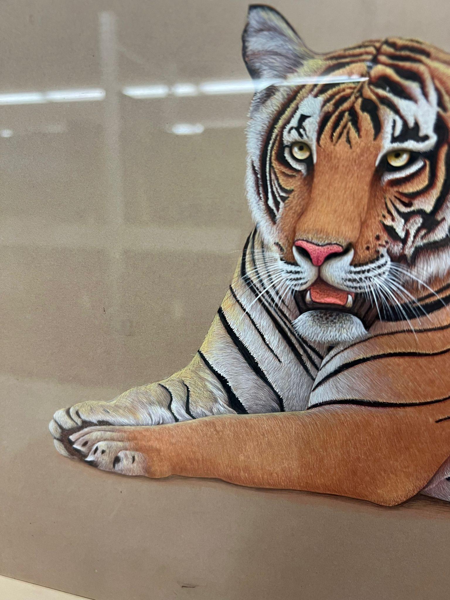 Mid-Century Modern Possibly Mixed media original Tiger Art Piece Matted and framed in Antique frame For Sale