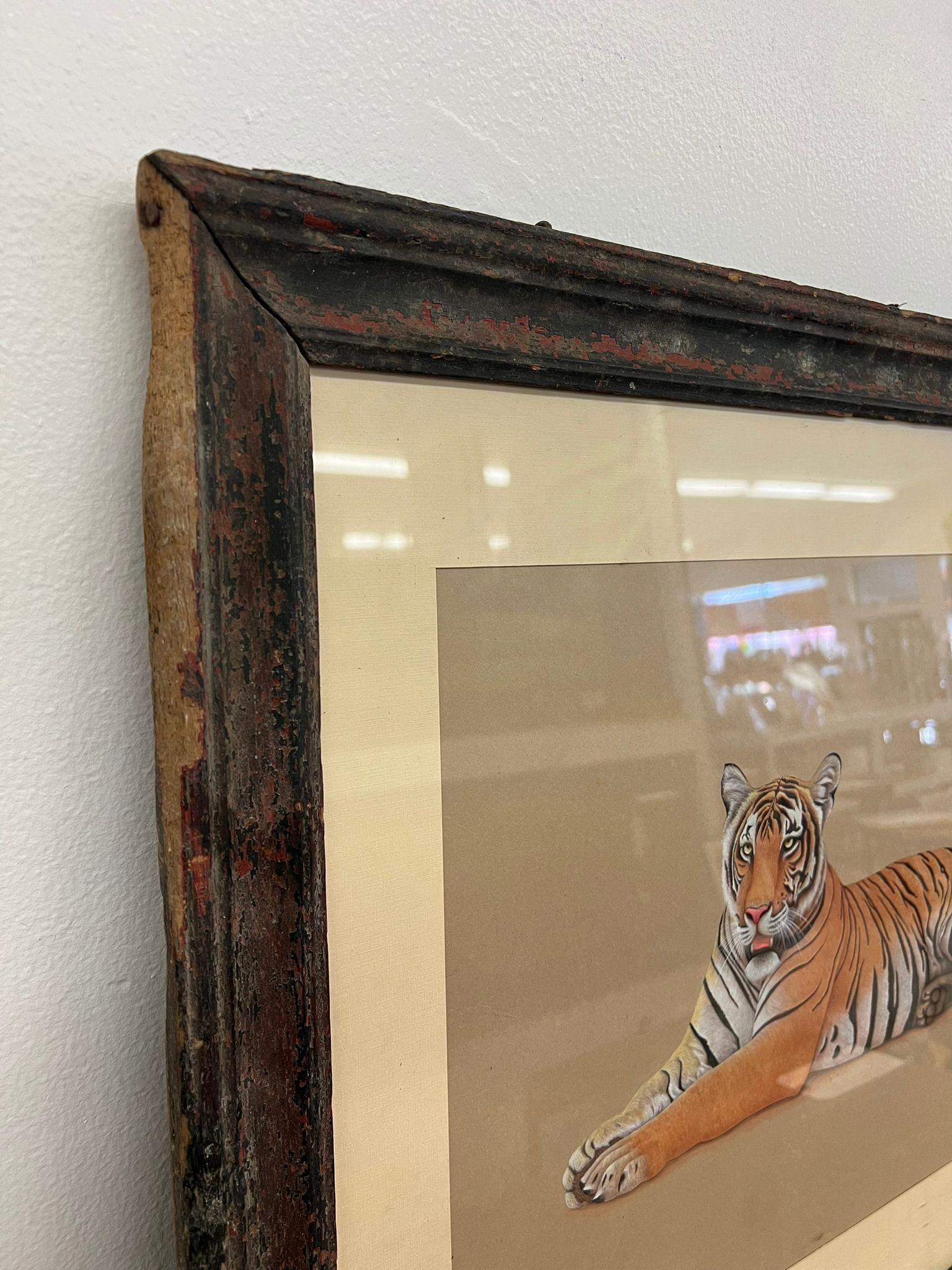 Possibly Mixed media original Tiger Art Piece Matted and framed in Antique frame In Good Condition For Sale In Seattle, WA