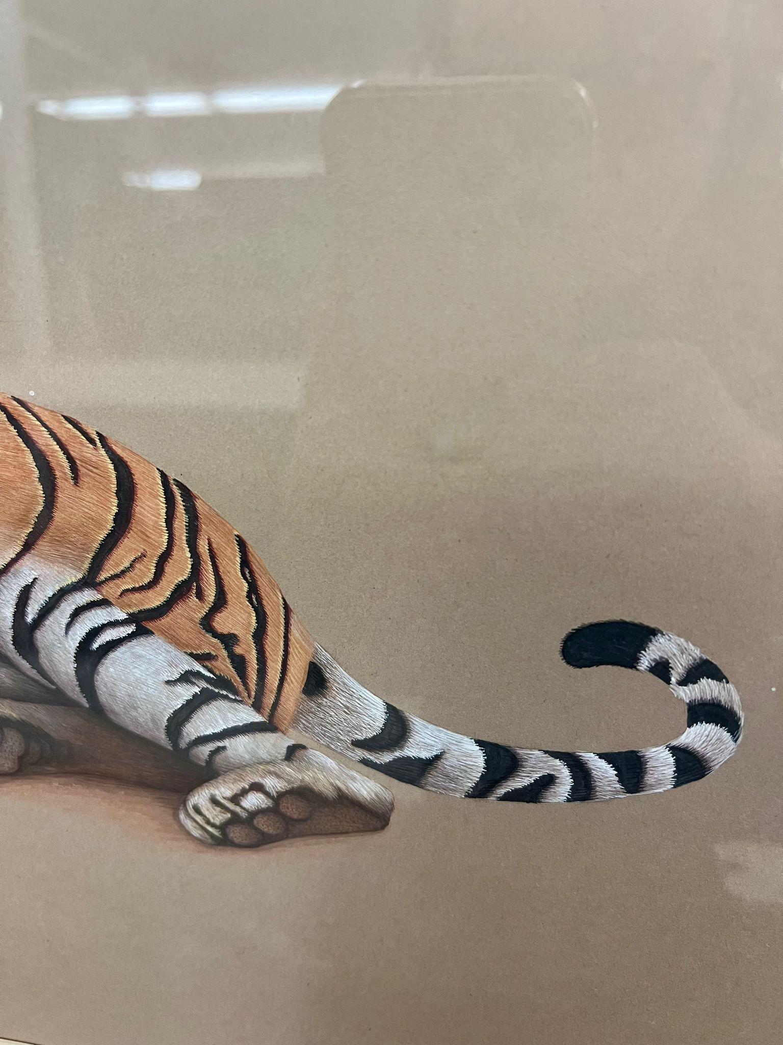Late 20th Century Possibly Mixed media original Tiger Art Piece Matted and framed in Antique frame For Sale