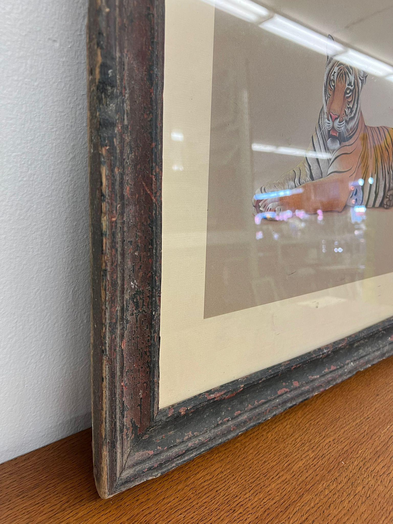 Possibly Mixed media original Tiger Art Piece Matted and framed in Antique frame For Sale 2