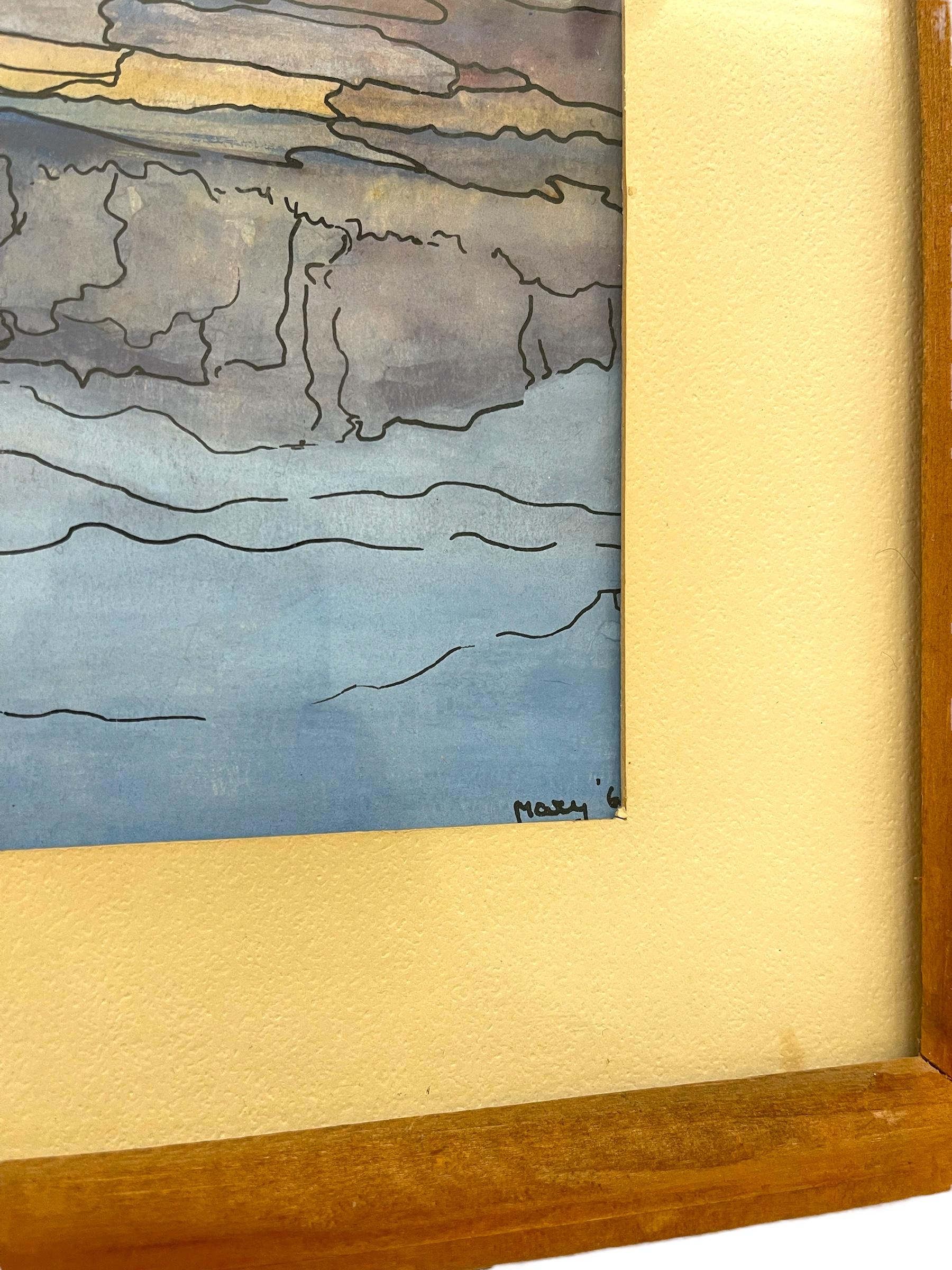 Möglicherweise Original Mitte des Jahrhunderts Moderne Aquarell Landschaft Malerei Signiert Mary im Angebot 1