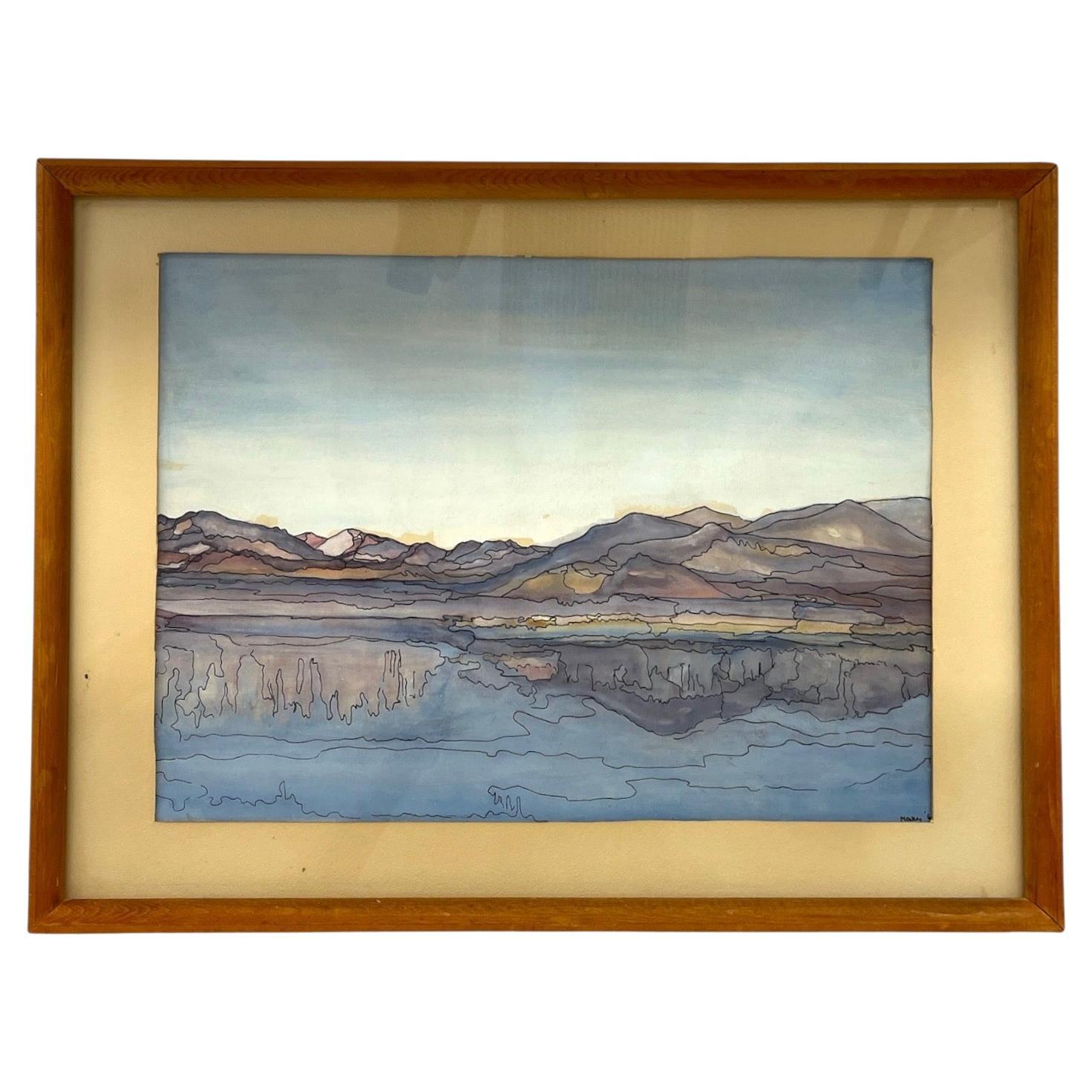 Possibly Original Mid-Century Modern Watercolor Landscape Painting Signed Mary
