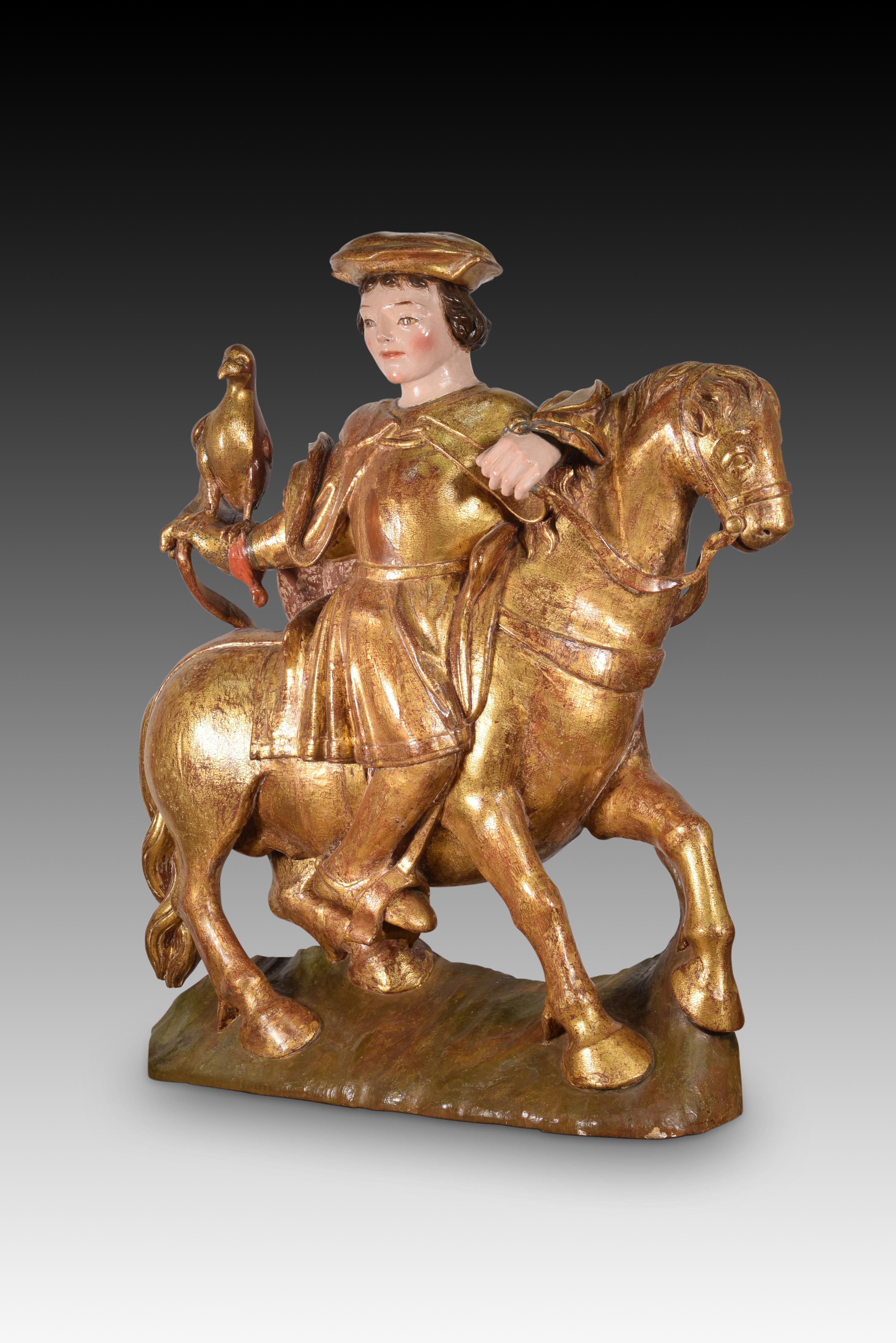 Possibly Saint Hubertus or Saint Eustace. Carved, polychrome and gilded wood. Spanish school, 16th century. 
Carving in polychrome and gilded wood, simply roughened on the back, showing a richly dressed young horseman, wearing a flat hat, and with