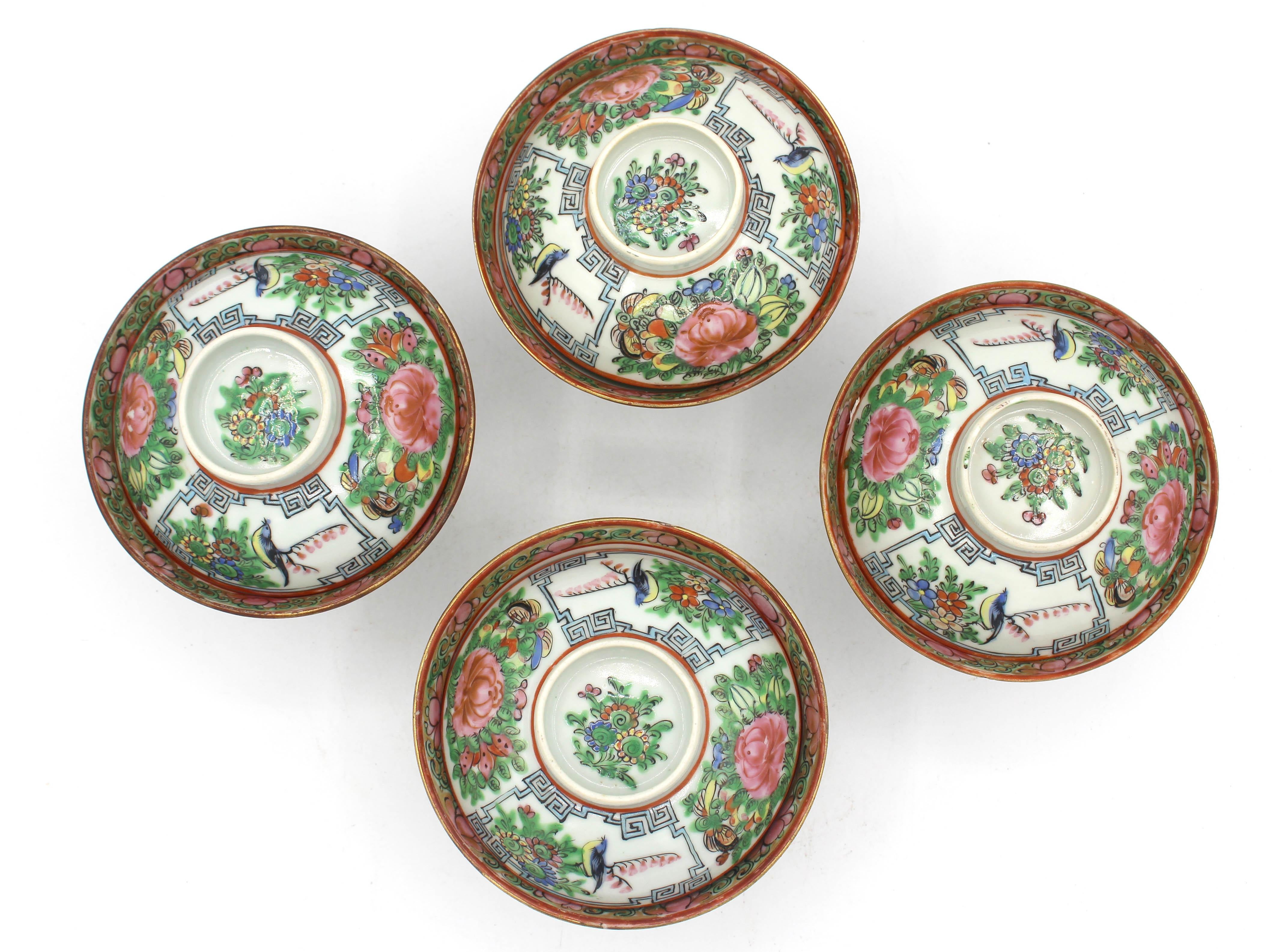 Post-1911 marks set of 4 Rose Canton covered rice bowls, Chinese export. Traditional form. Double happiness symbols. Good condition with minor signs of use.
4.25