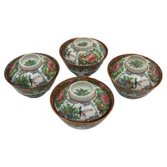 Post-1911 Marks Set of 4 Rose Canton Covered Rice Bowls, Chinese export