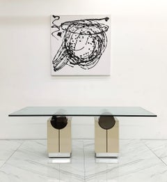 Post Modern Chrome and Lacquer Double Pedestal Dining Table or Writing Table